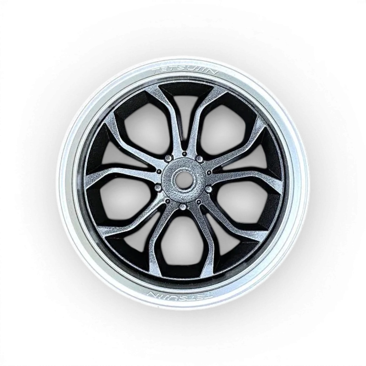 Roues Tetsujin Deep Spyder en métal gris alu, design drift, avec détails en gun métal, adaptées pour voitures de modélisme.