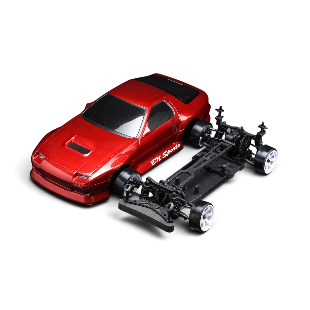 Kit DriftParadiZ Yokomo RD2.0 assemblé avec carrosserie Mazda RX-7 FC3S BN Sports rouge brillante sur fond noir