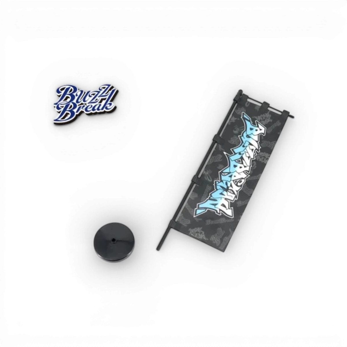 Drapeau 1/10 stand version 3 de BuzzBreak, avec support et impression du logo, utilisé pour la décoration ou la promotion.