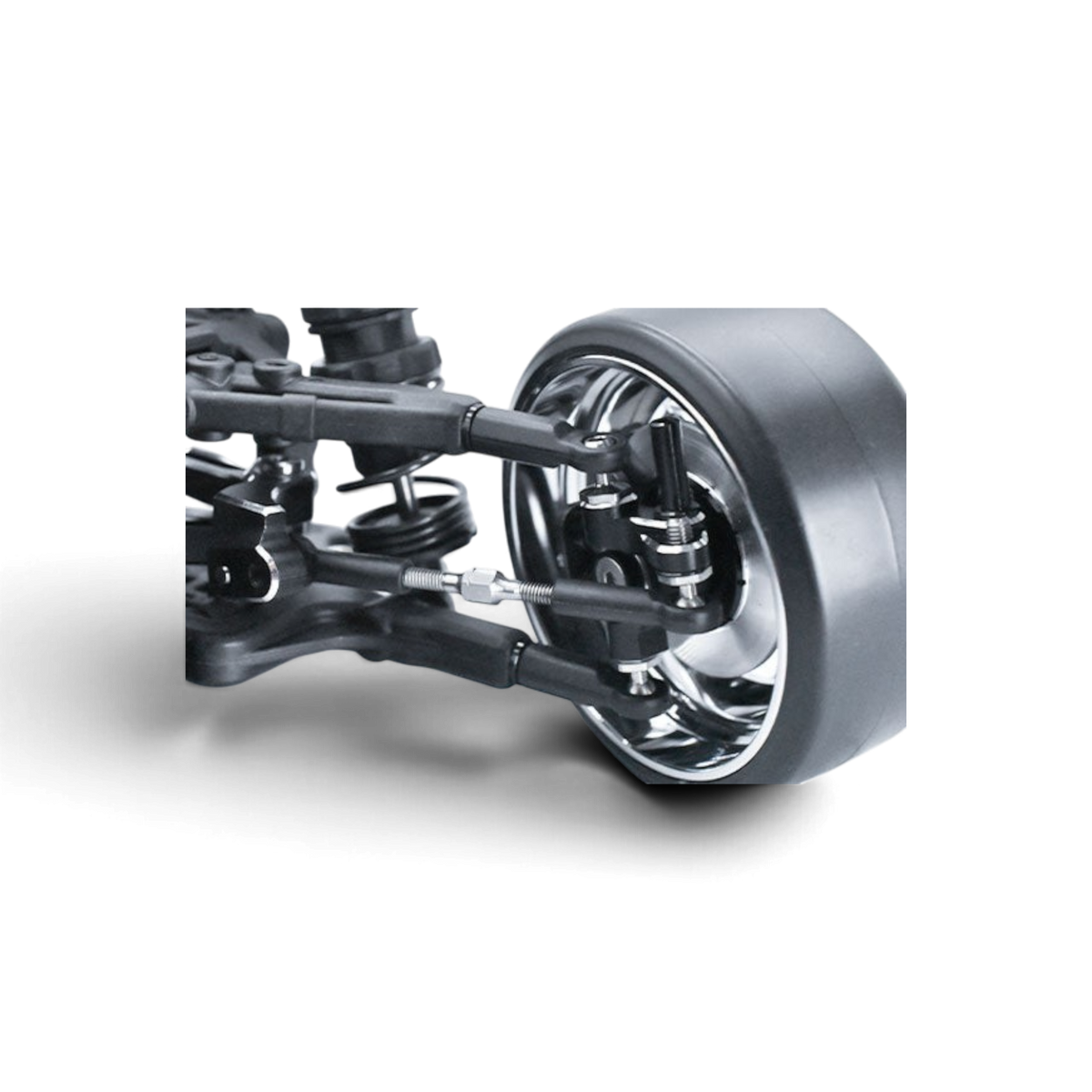 Biellettes de direction DriftParadiZ Slim en titane 20 mm installées sur un châssis RC Drift pour un grand angle