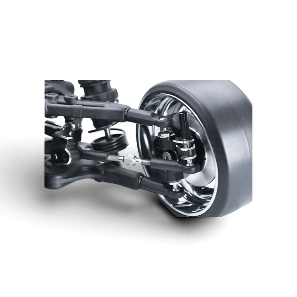 Biellettes de direction DriftParadiZ Slim en titane 24 mm installées sur un châssis RC Drift pour un angle maximal