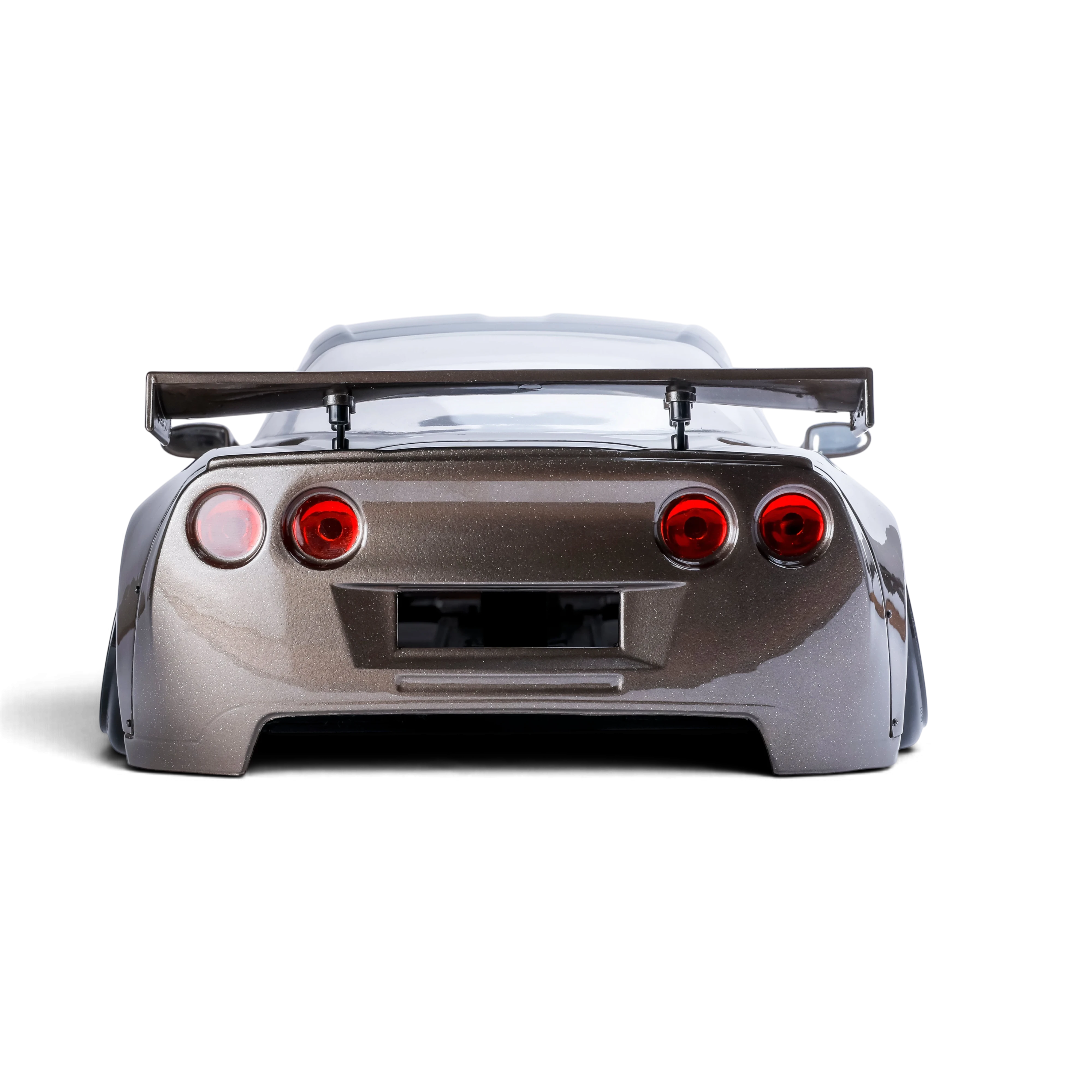 Vue arrière de la carrosserie DriftParadiZ Corvette GT2 gris métallisé avec aileron imposant pour voiture RC drift
