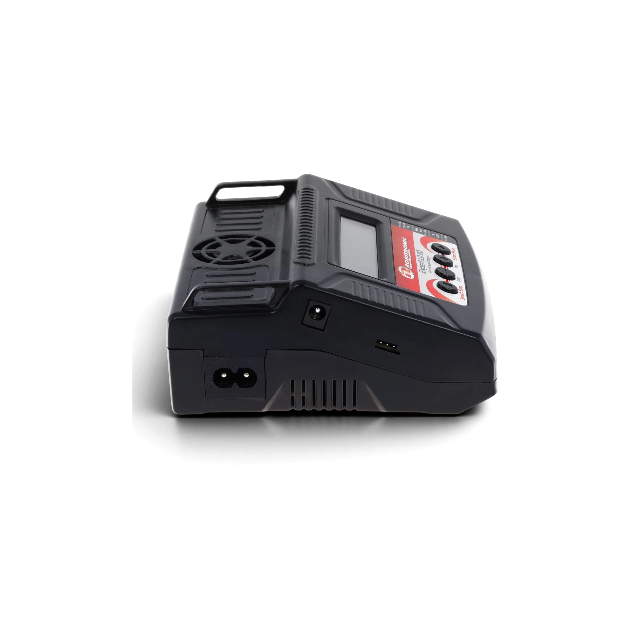 Chargeur multifonction Robitronic Expert LD 80 V2 noir pour batteries RC, vu de profil avec écran LCD et ventilateur
