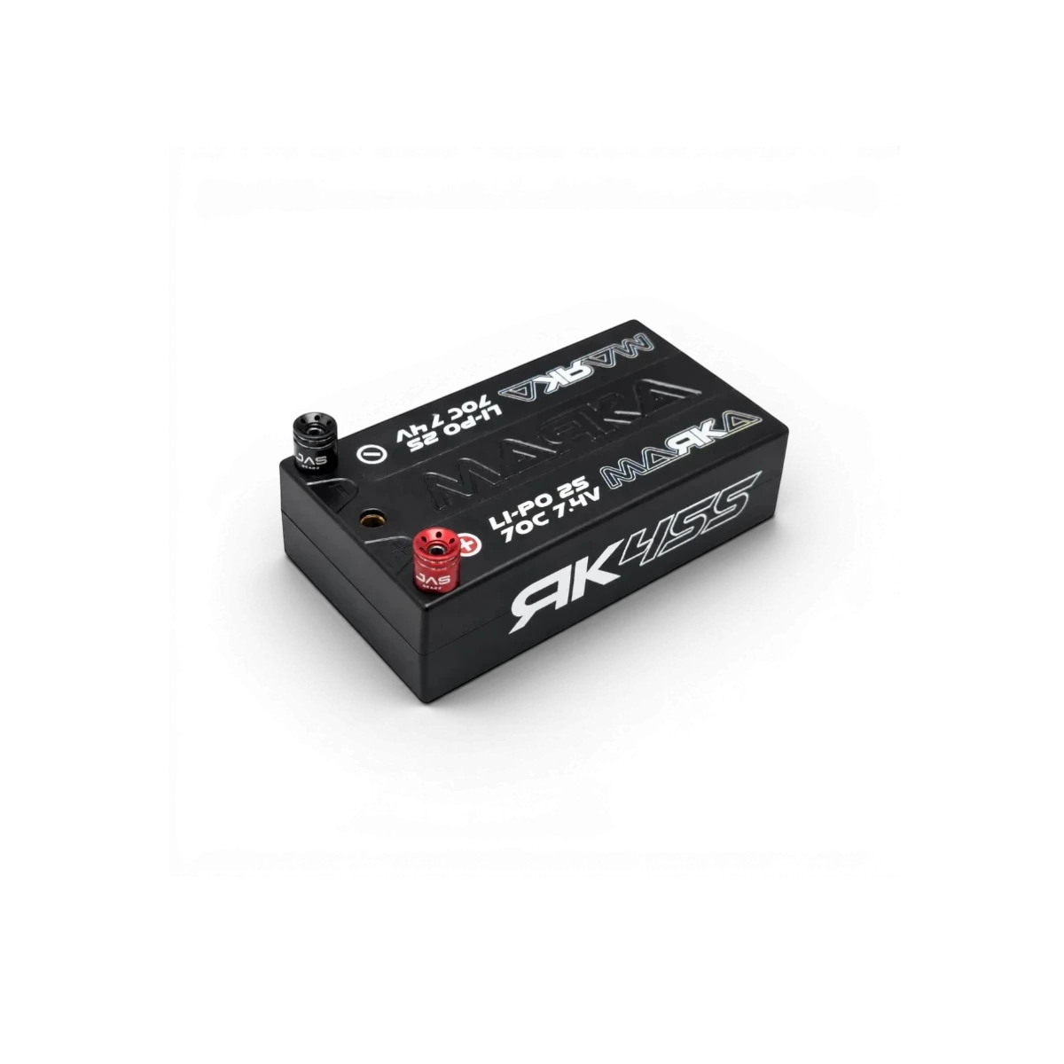 Connecteurs LiPo 2 mm Low Profile 24K DriftParadiZ avec languettes de polarité rouge et noire sur batterie 1/28