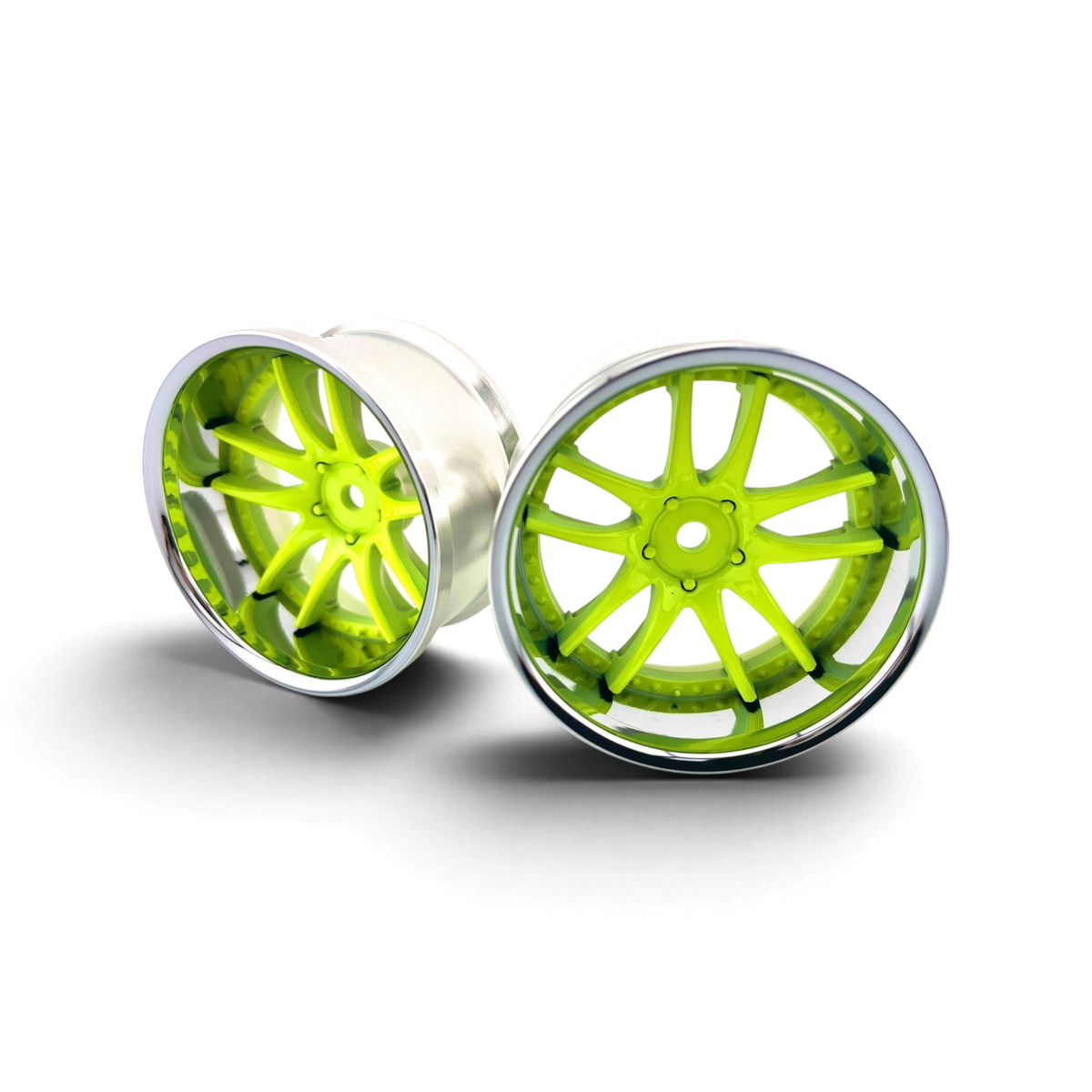 Jantes DriftParadiZ WORK EMOTION CR3P finition chrome et jaune néon avec déport offset +6 pour voiture RC