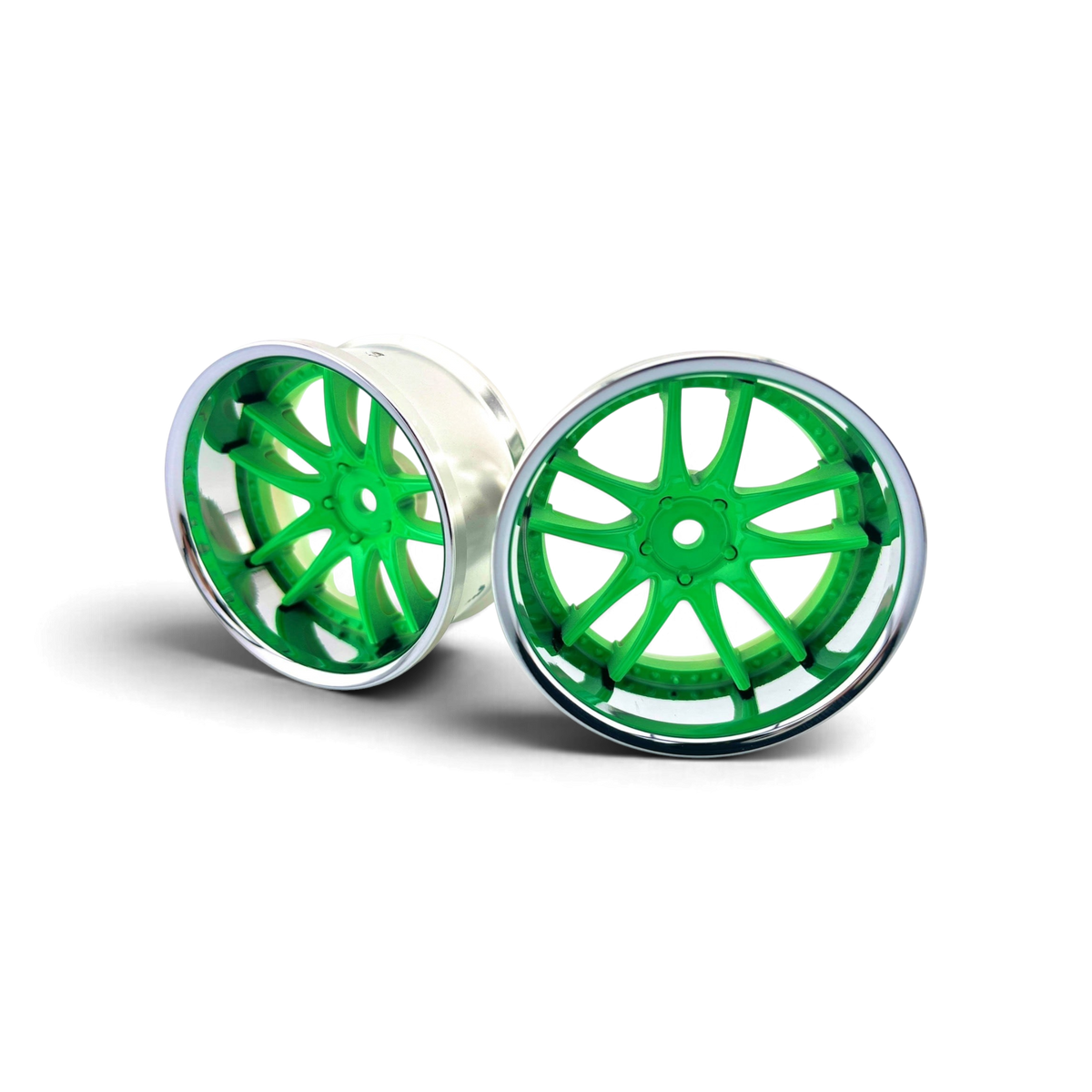 Jantes DriftParadiZ WORK EMOTION CR3P avec finition chrome et vert néon, design à rayons, offset +6, largeur 27,5 mm.