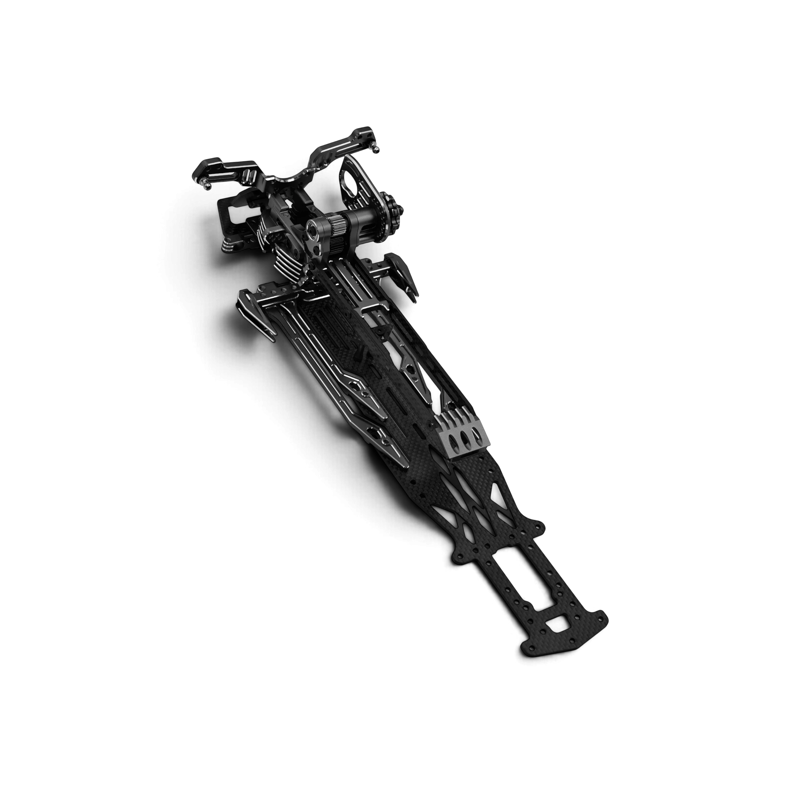 Kit de conversion châssis SV2 Rhino Racing en carbone noir pour voiture RC drift, vue en plongée sur fond blanc.
