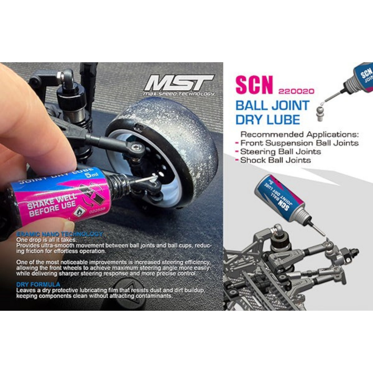 Lubrifiant sec pour rotules de voiture RC, accessoire Max Speed Technology, appliqué sur une rotule de direction.