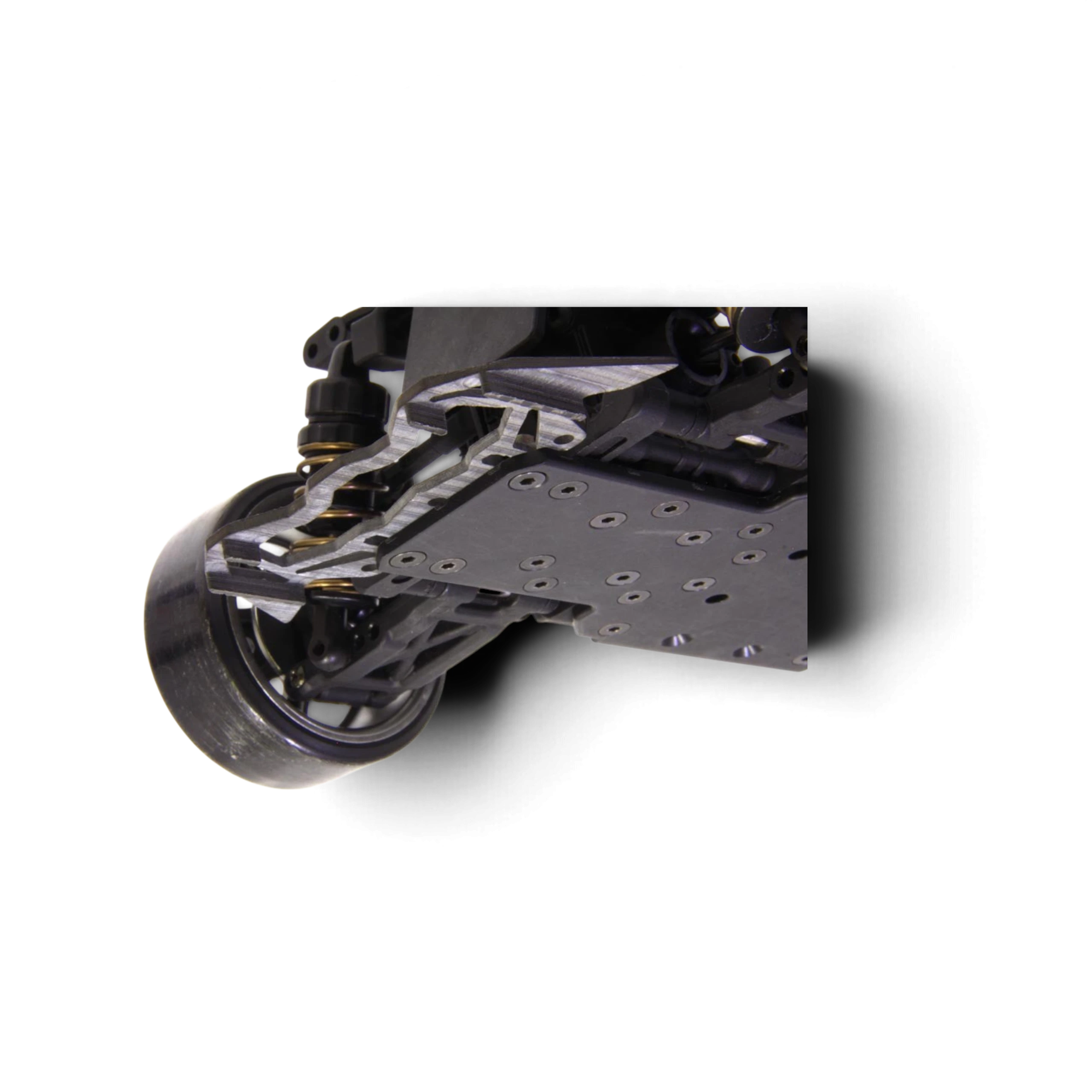 Pare-chocs DriftParadiZ Hikotech en carbone brillant avec ailettes aérodynamiques monté sur un châssis RC Drift