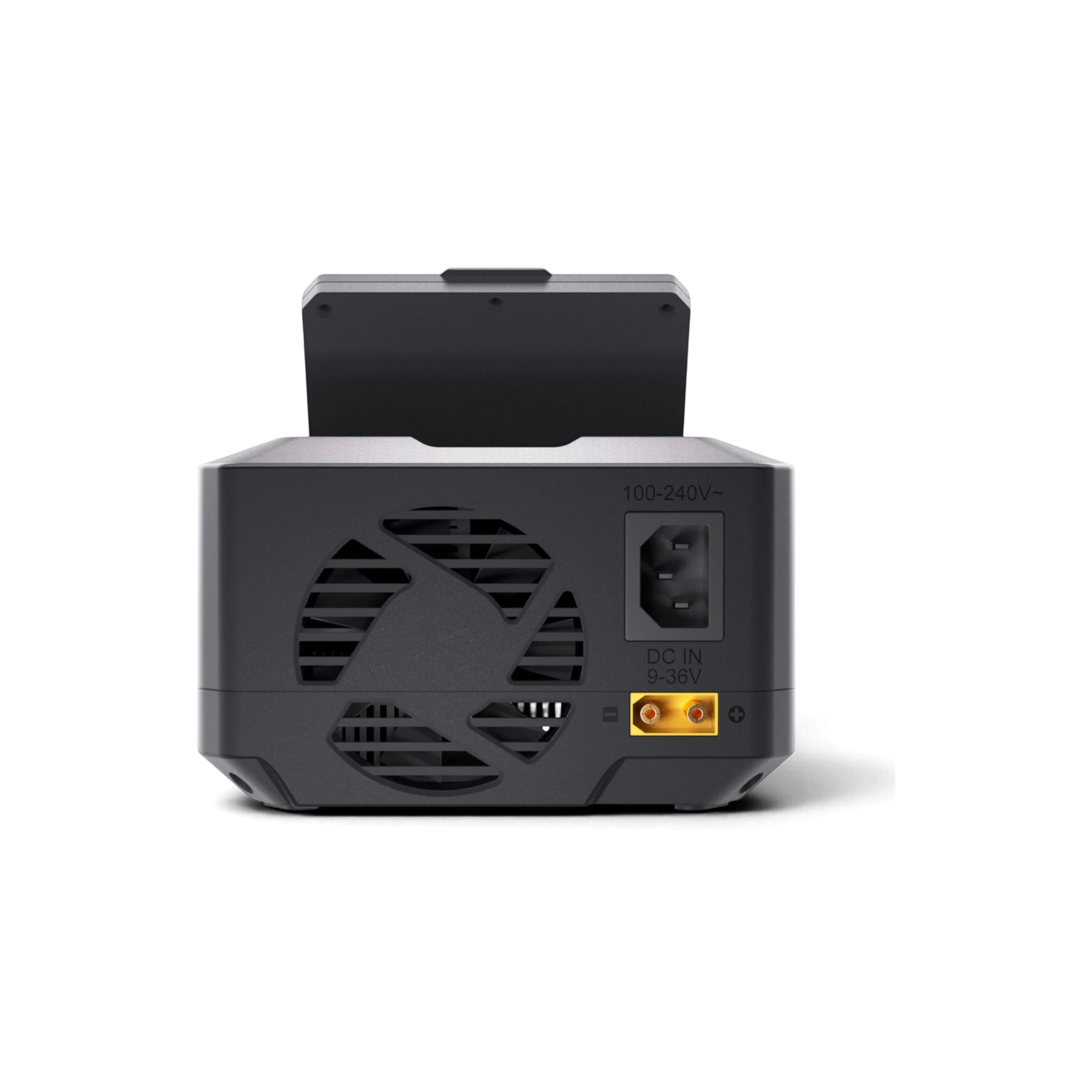 Vue arrière du chargeur DriftParadiZ SkyRC Q500 Neo avec ports d'alimentation AC et DC et ventilateur de refroidissement