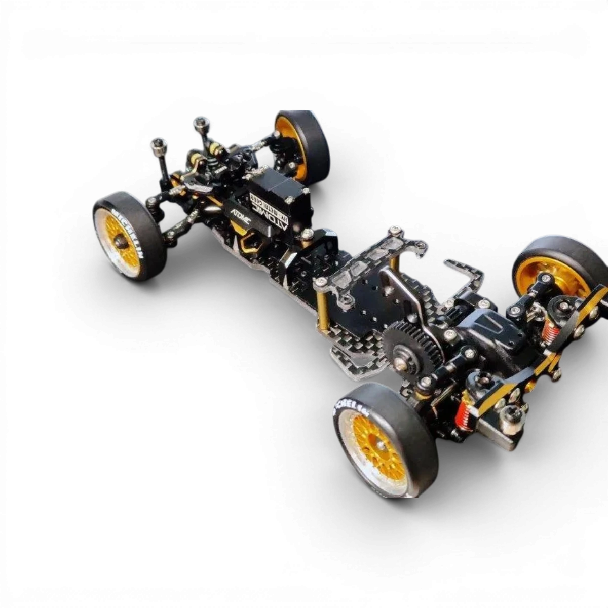 Kit châssis drift RWD DRZV3MS de Atomic RC Mini pour voiture RC, montrant le châssis noir et ses composants.