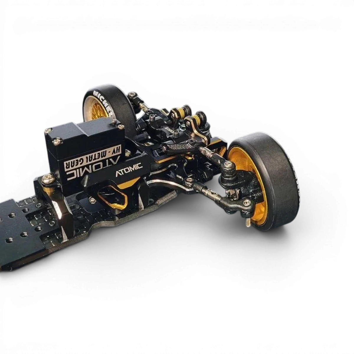 Kit châssis drift RC DRZV3MS RWD d’Atomic RC Mini, chassis pour voiture RC drift avec composants visibles.