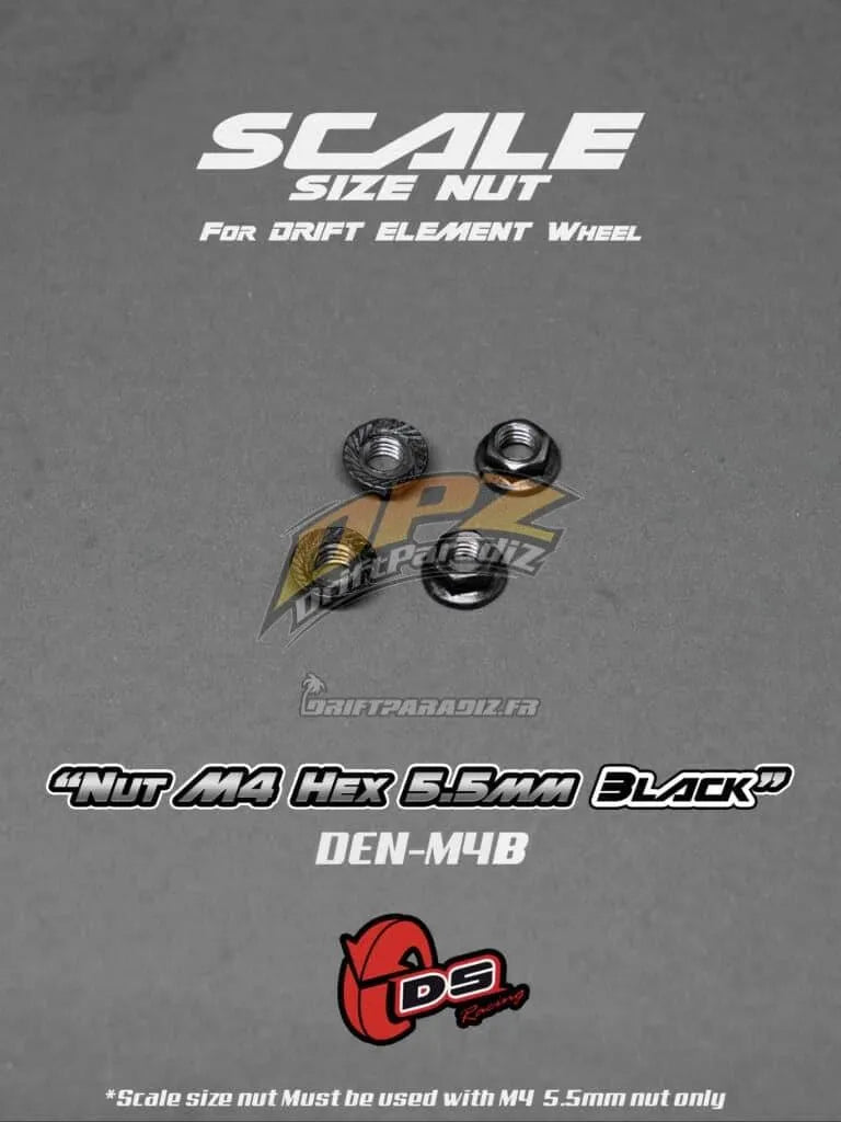 Écrous de roue noirs DS Racing de 5,5 mm pour roues, fixation solide et durable, visible en gros plan sur la photo.