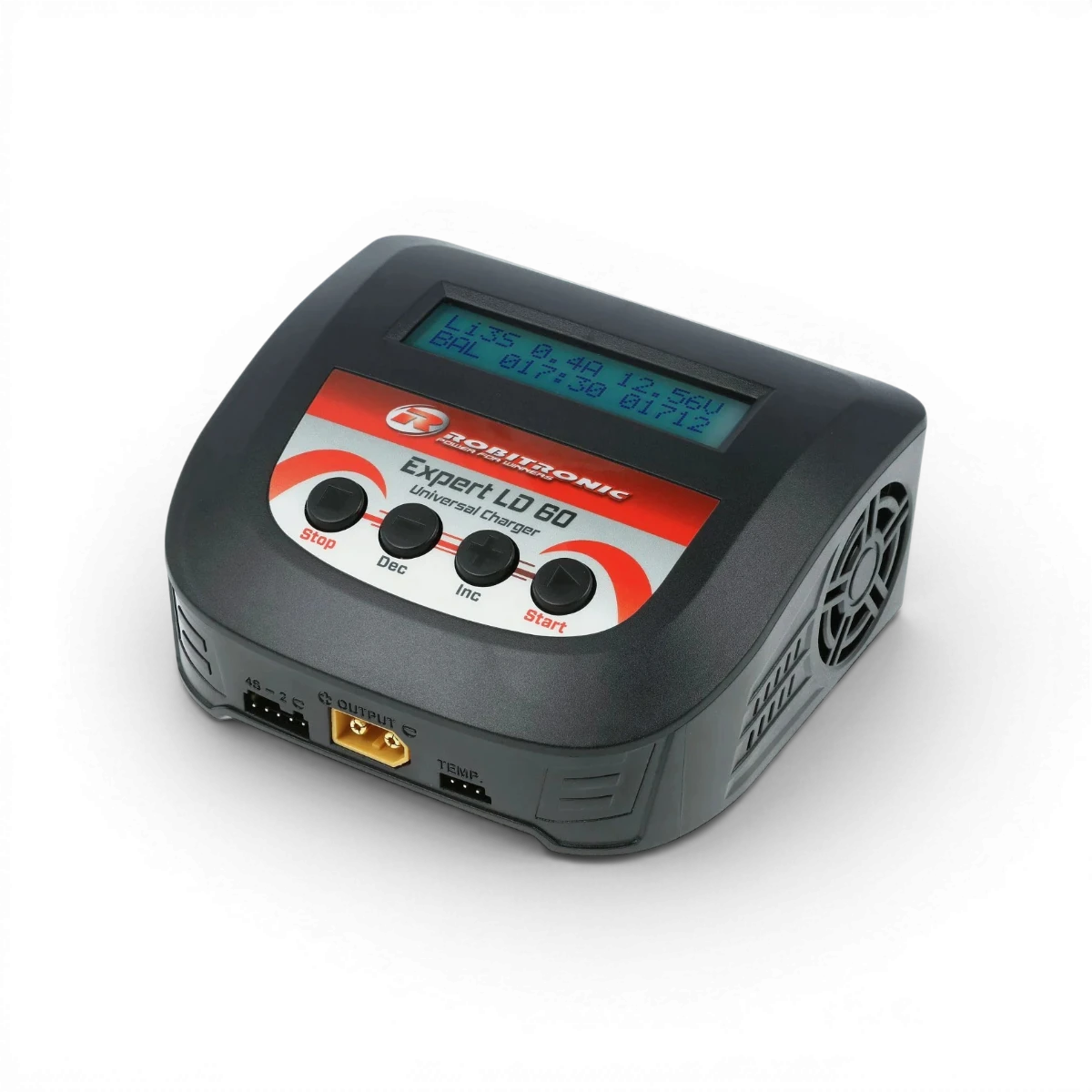 Chargeur LiPo Expert LD 60 Robitronic pour batteries 2-4S, 6A, 60W, utilisé pour charger des batteries électroniques.