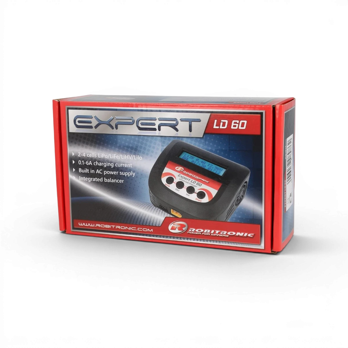 Chargeur LiPo Expert LD 60 Robitronic pour batteries 2-4S, 6A, 60W, utilisé pour l’électronique de modélisme.