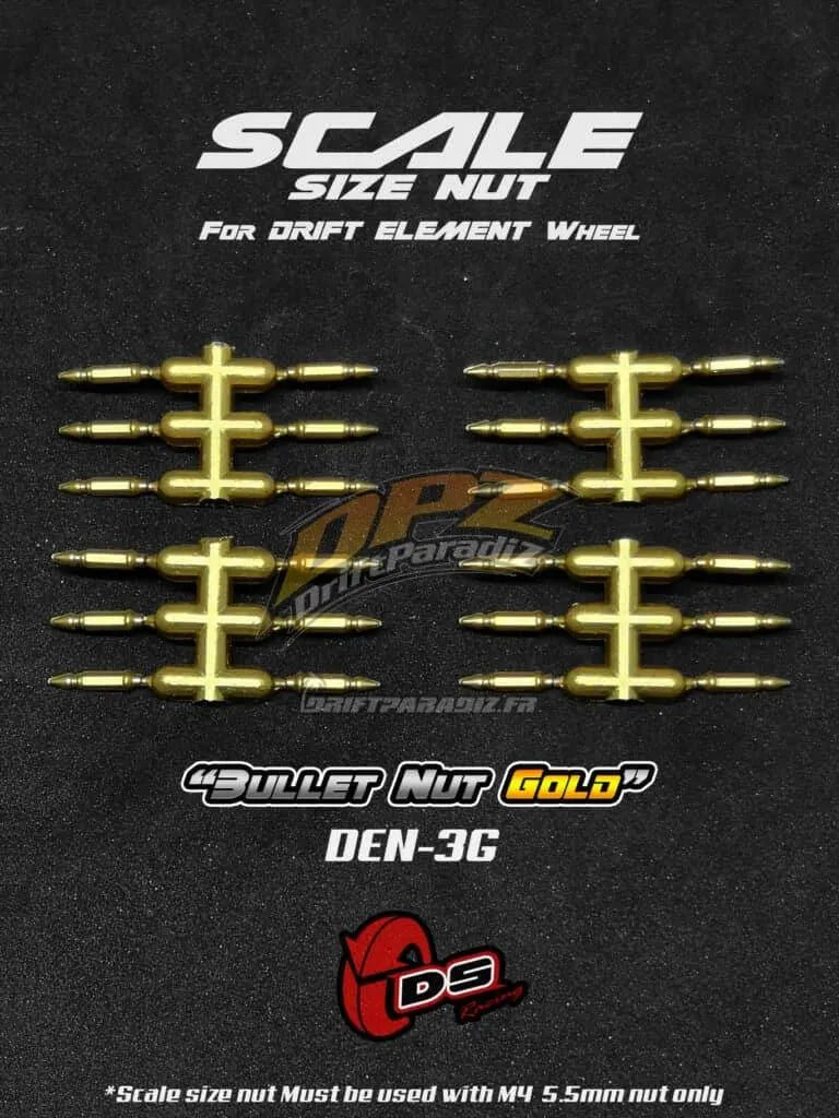 Goujons faux "Bullet" Or pour jantes DS Racing sur roues, finition dorée, pour personnalisation de voitures sportives.