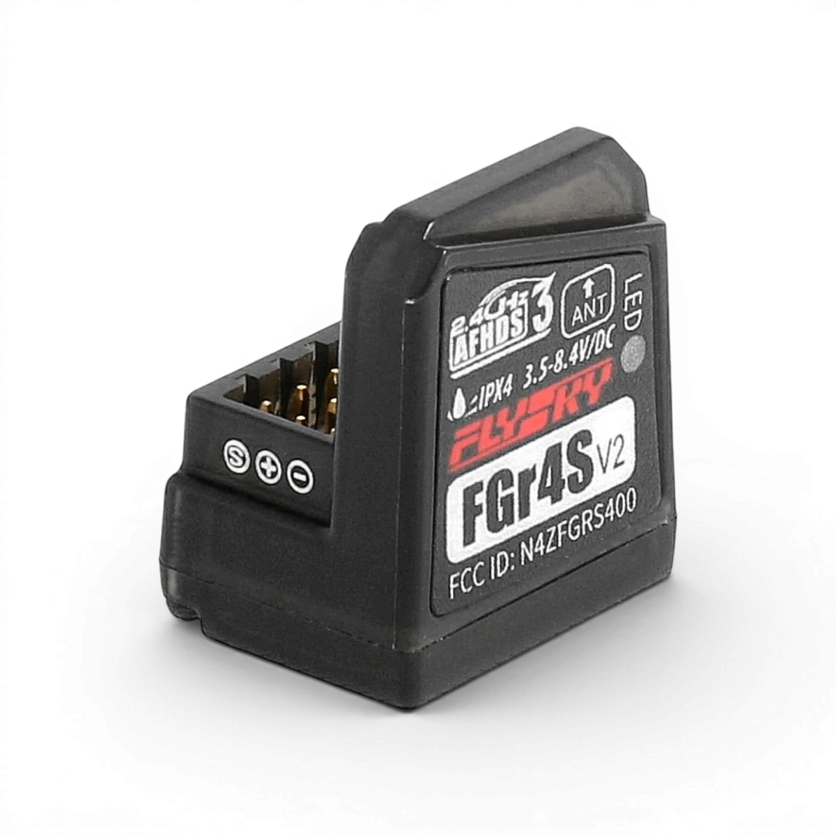 Récepteur Flysky FGr4S AFHDS3 4 canaux, dispositif électronique pour télécommande RC, connecté avec câbles et indicateurs lumineux.