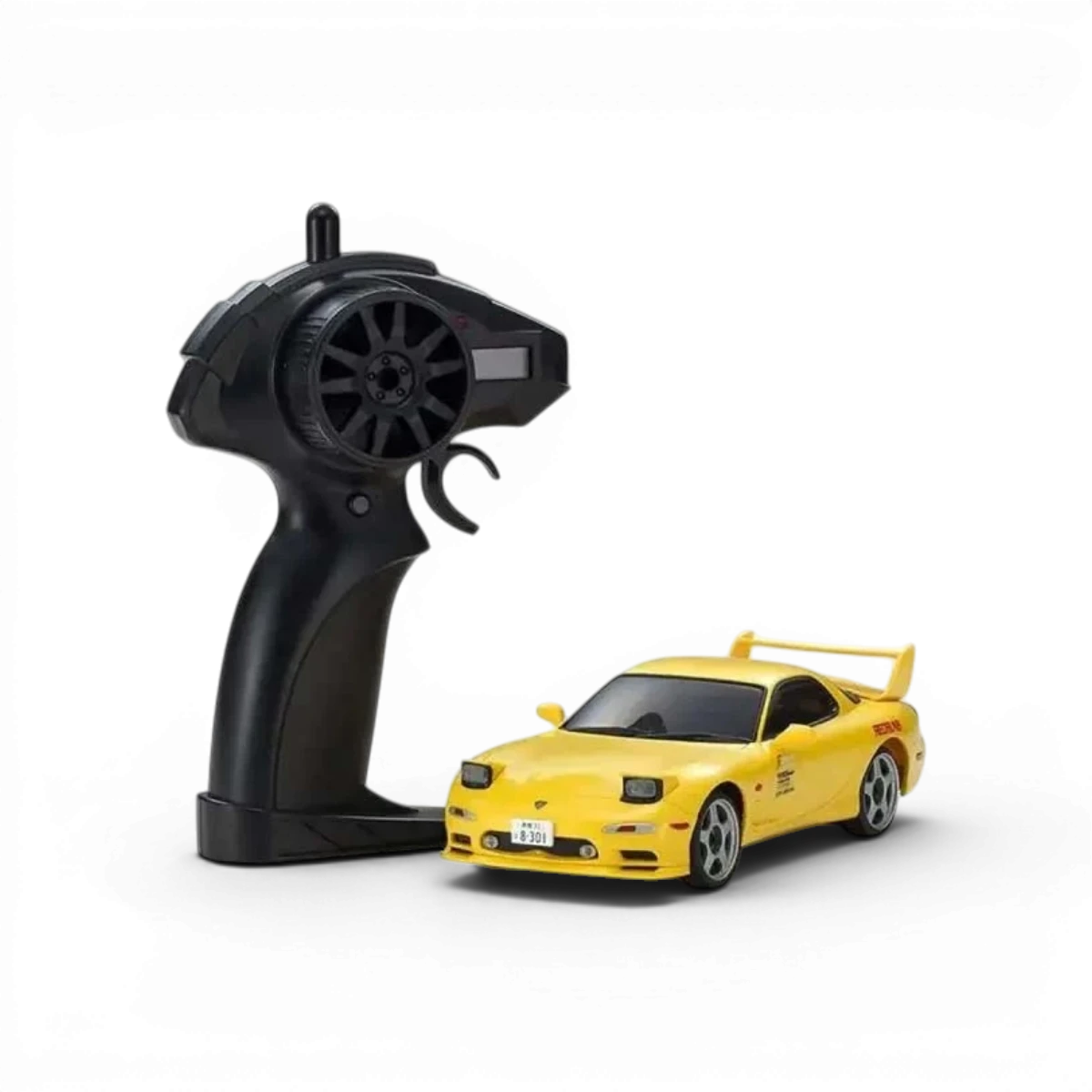 Carrosserie Kyosho FIRST MINI-Z 1:28 Mazda RX-7 FD3S YE pour modèle réduit, vue de face sur fond blanc.