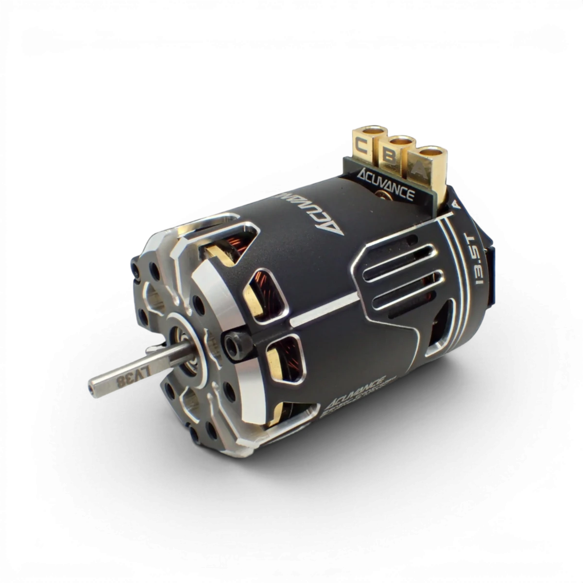 Moteur brushless Fledge 13.5T de la marque Acuvance pour électronique, visible avec ses composants et connecteurs.