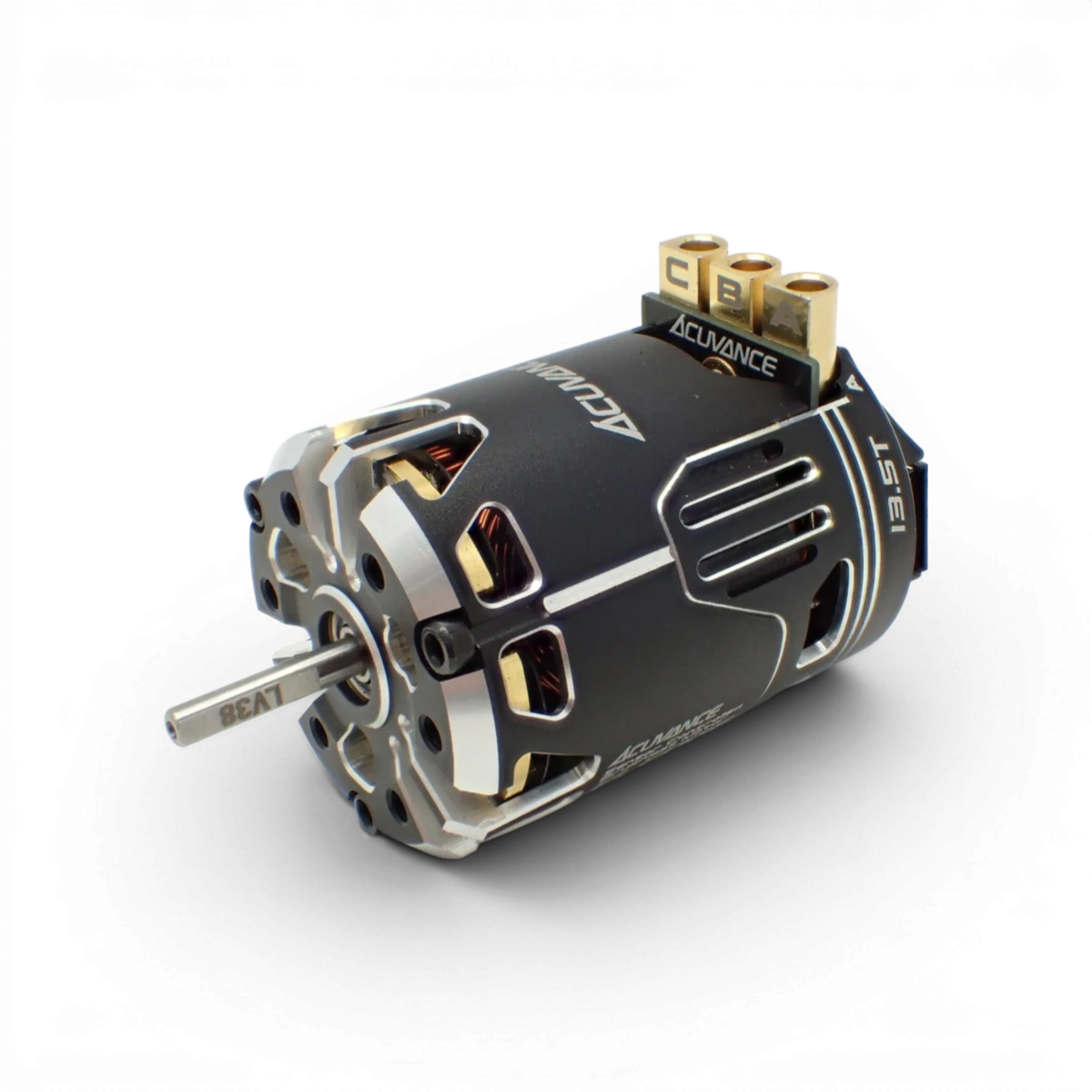 Moteur brushless Fledge 13.5T de la marque Acuvance, composant électronique pour véhicules RC, visible avec ses bobines et connexions