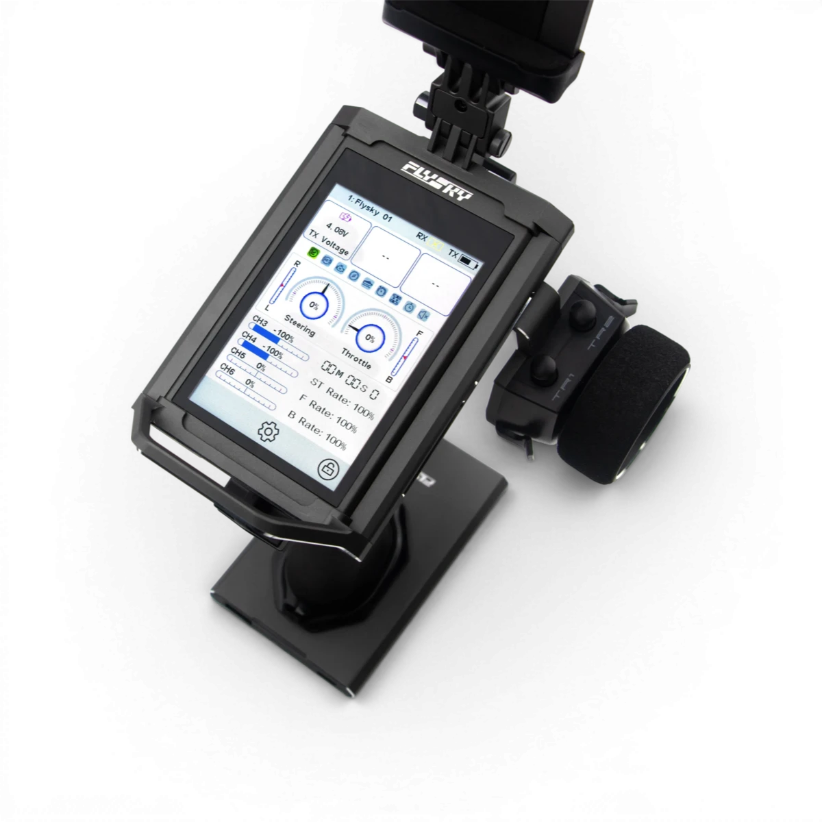 Télécommande FlySky Noble NB4 Pro+ avec deux récepteurs pour électronique de radiocommande, en couleur noire.