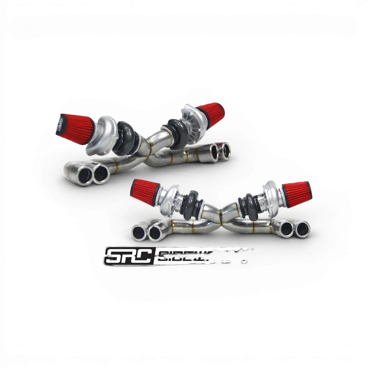 Échappement turbo 3D personnalisé pour RC, conçu par Src Sideways RC, visible en détail dans cette image.