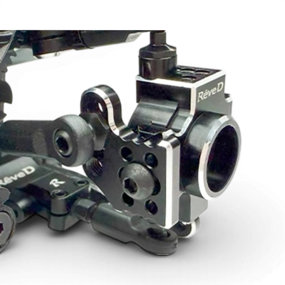 Fusée arrière gauche pour voiture RC Drift Team Reve D, pièce de rechange en plastique noir, vue de face.