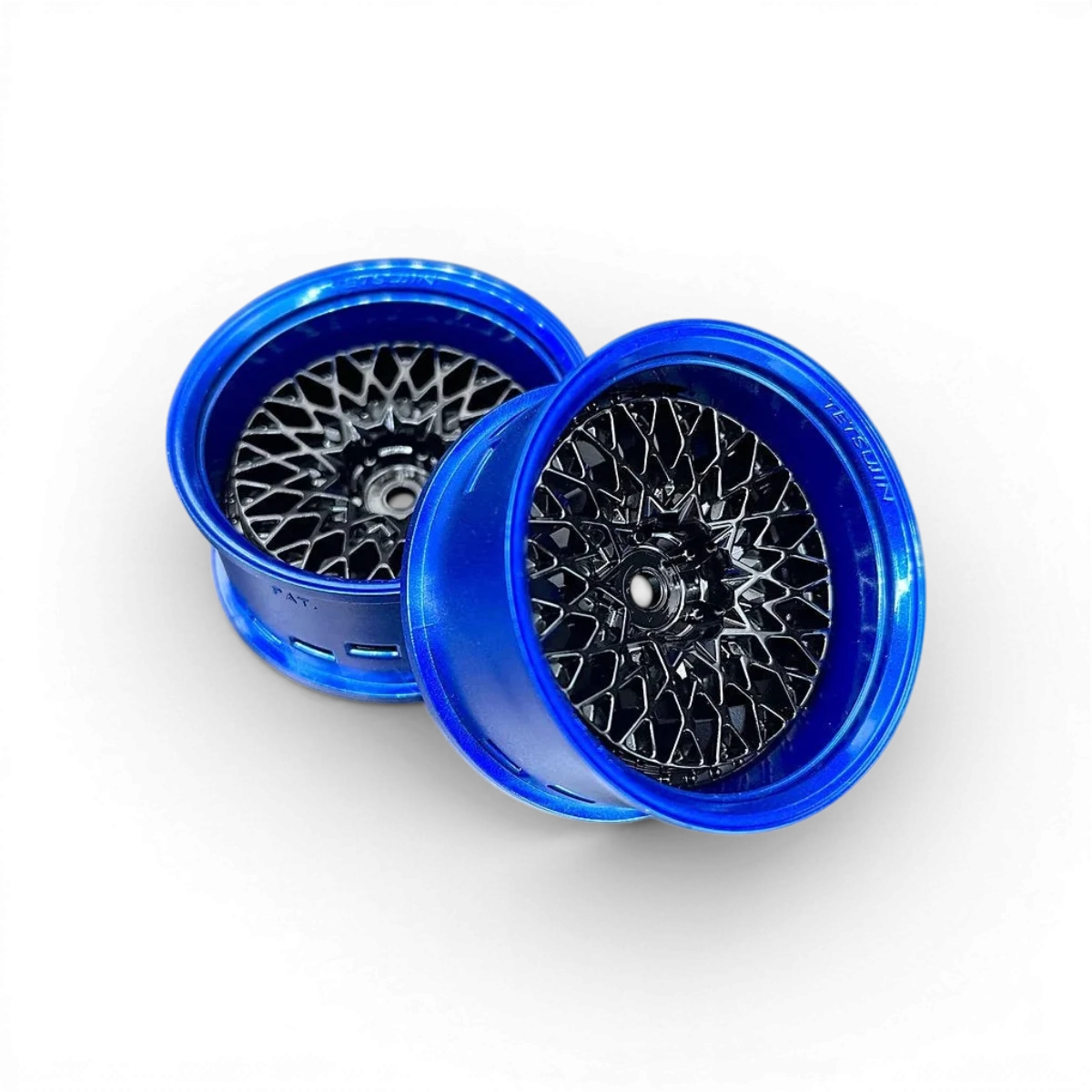 Roues Tetsujin GranSeeker bleu métallique et noir brillant, design moderne pour voitures de drifting.