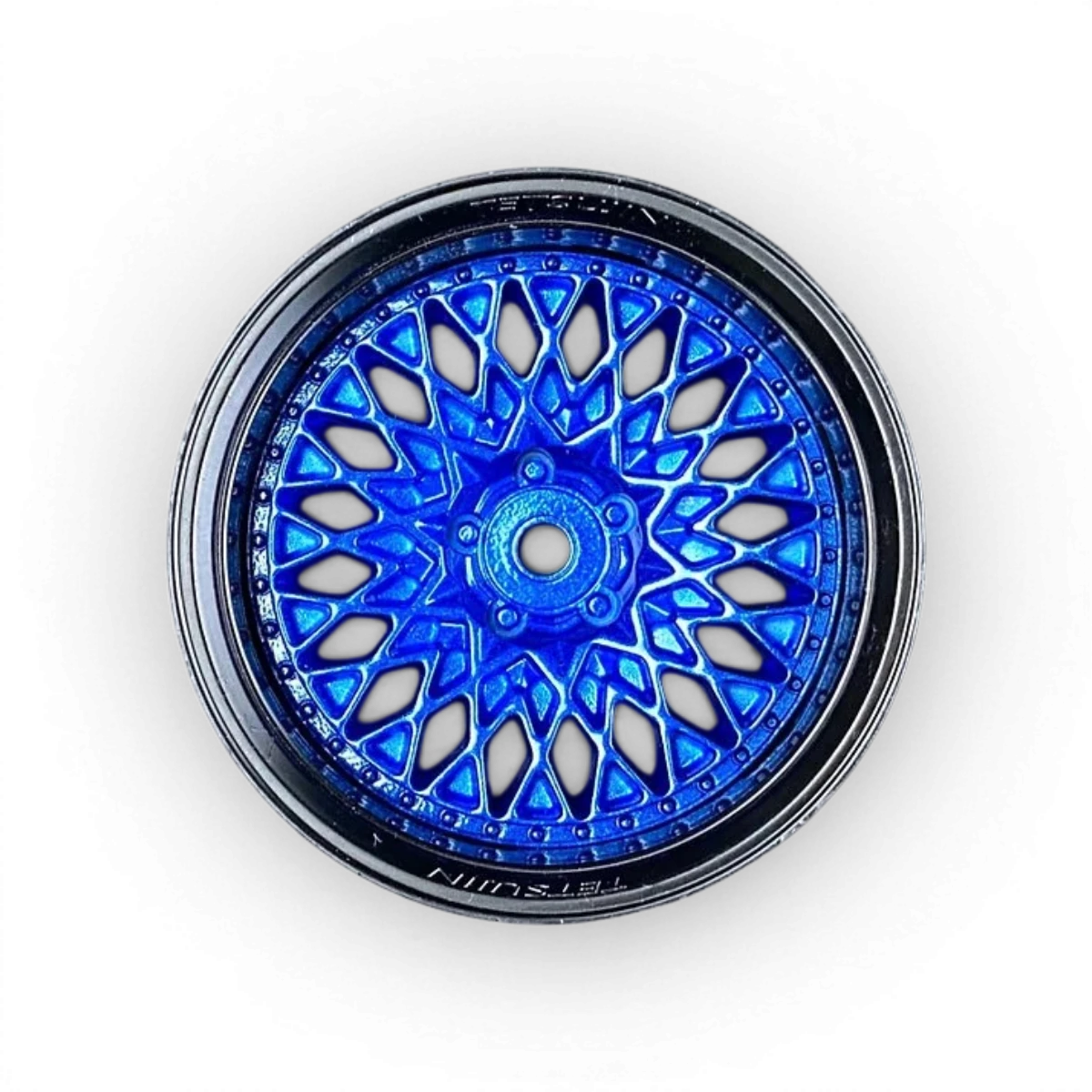Roue Tetsujin GranSeeker noire mate et bleue métallique, vue en gros plan, pour voitures de drift.