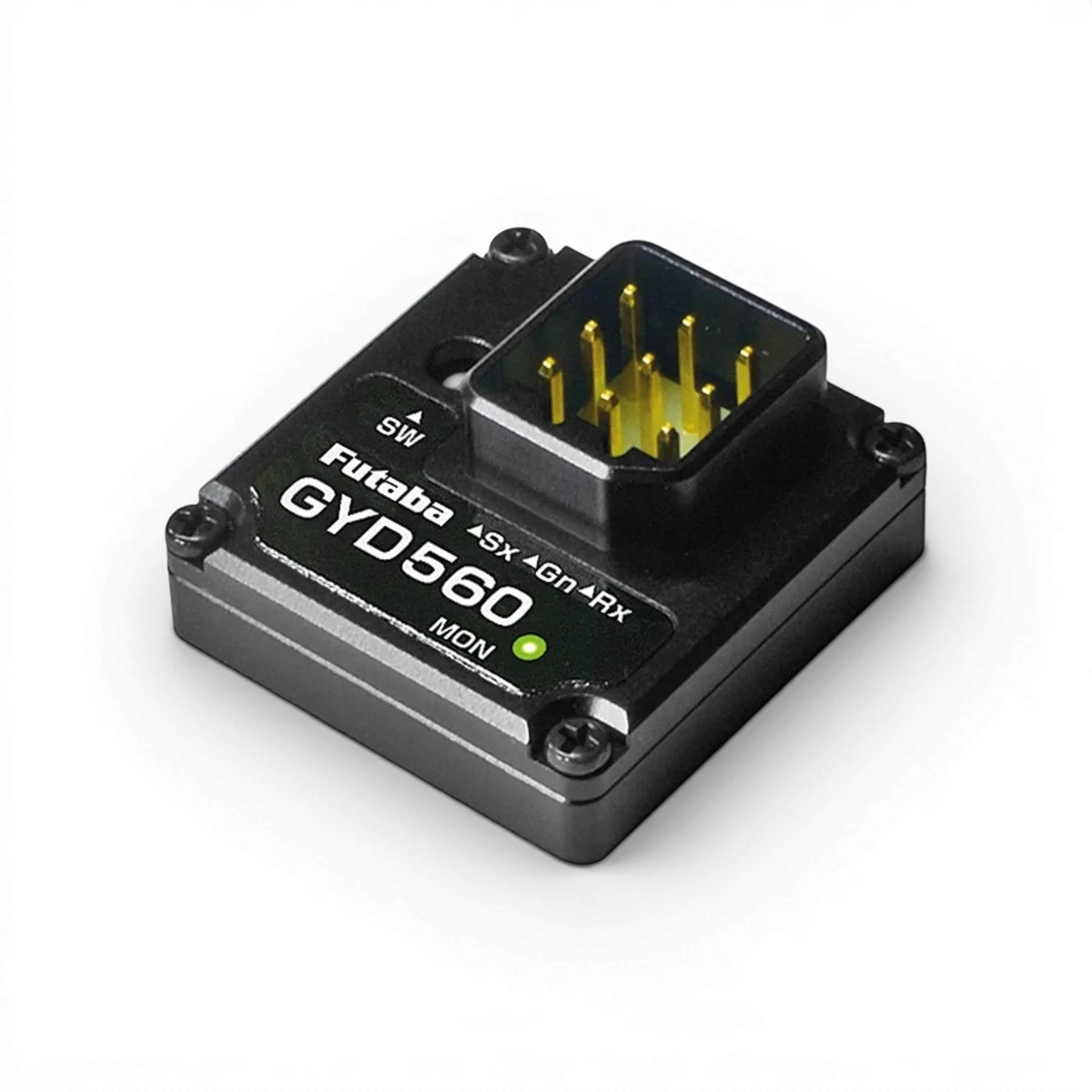 Gyro drift Futaba GYD560, capteur électronique pour stabilisation, visible avec ses composants dans l'image.
