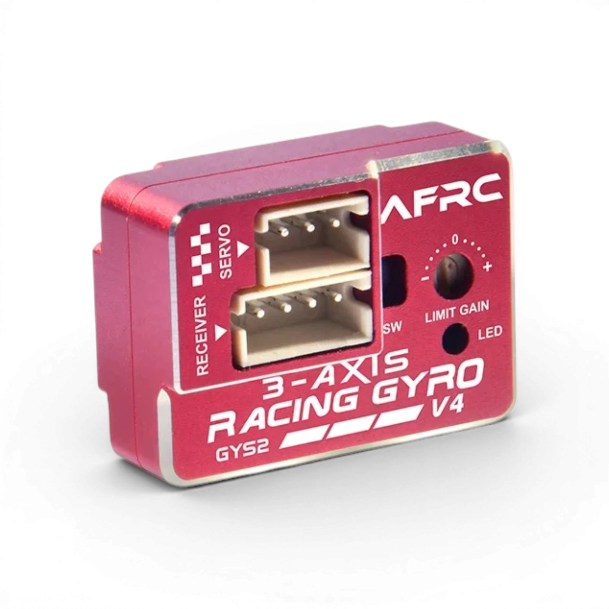 Gyro mini drift GYS-2 V4 de la marque AFRC, dispositif électronique pour voitures RC, visible avec composants et réglages.