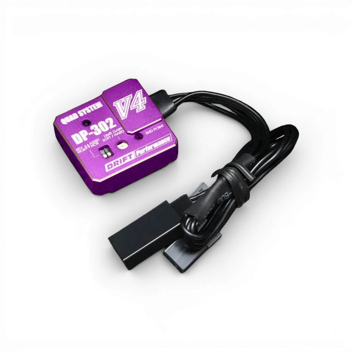 Gyro V4 Team Yokomo, gyroscope électronique violet 2ch/3ch pour drift, vue de face avec boutons et écran.