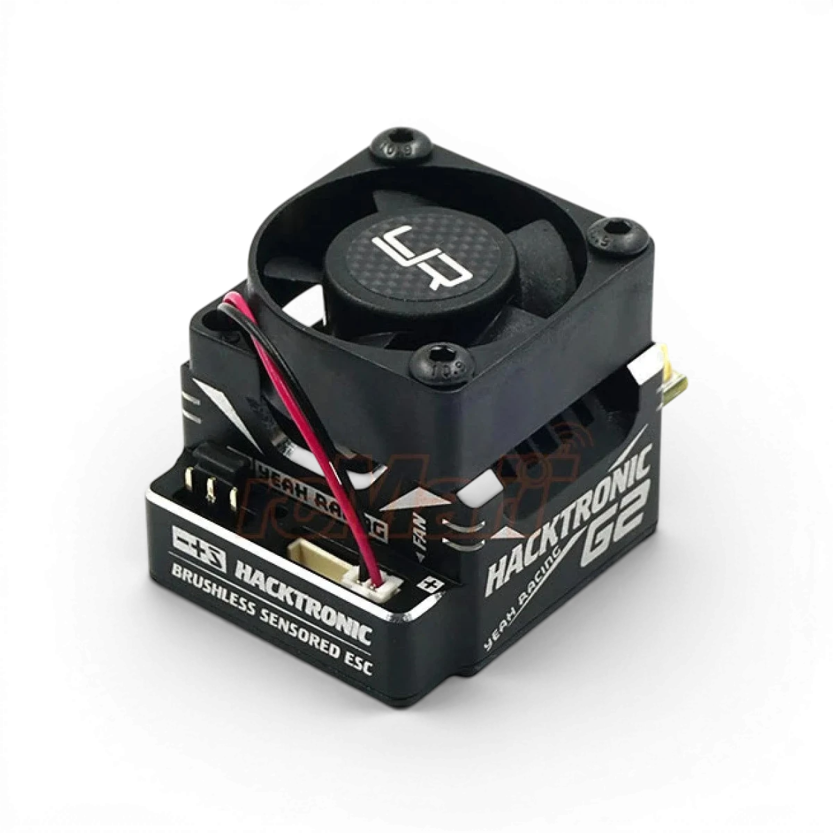 Moteur électronique sans balais sensored HACKTRONICG2 BRUSHLESS de Yeah Racing, visible avec composants et câblage.