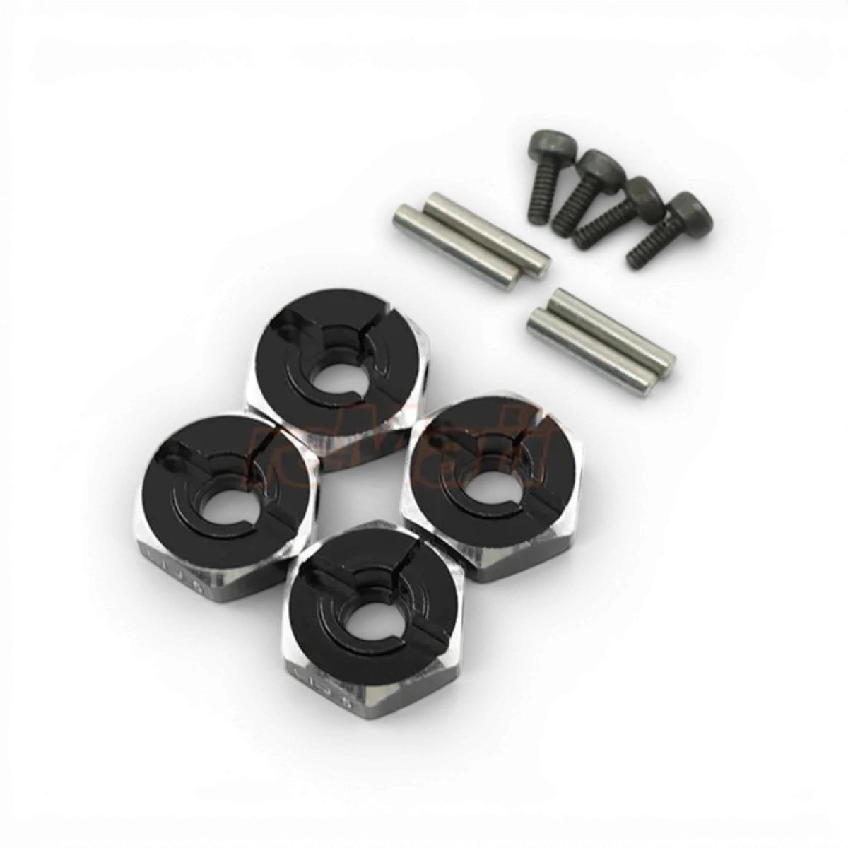 Hexagones en aluminium noir de 12x5mm de la marque Yeah Racing, visibles en gros plan avec finition mate.