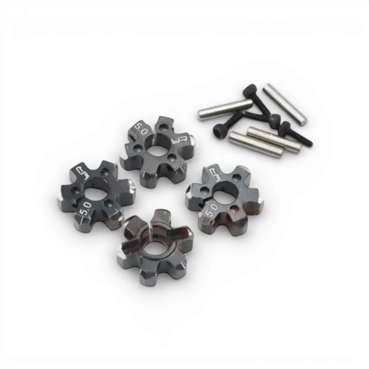 Hexagones en aluminium noir 12x5mm allégés de la marque Yeah Racing, visibles dans une image claire et détaillée.