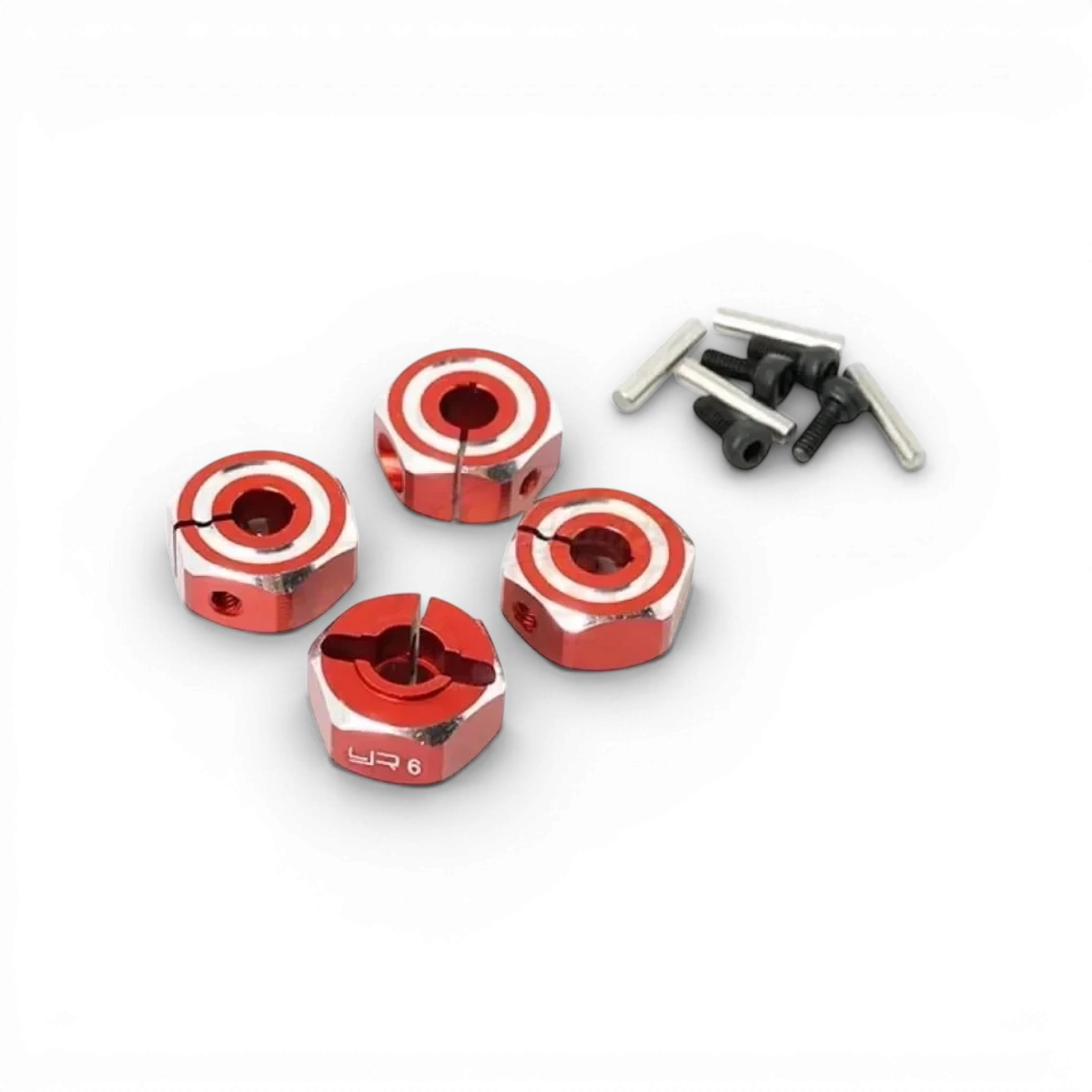 Hexagones en aluminium rouge 12x6mm de la marque Yeah Racing, visible sur l'image.