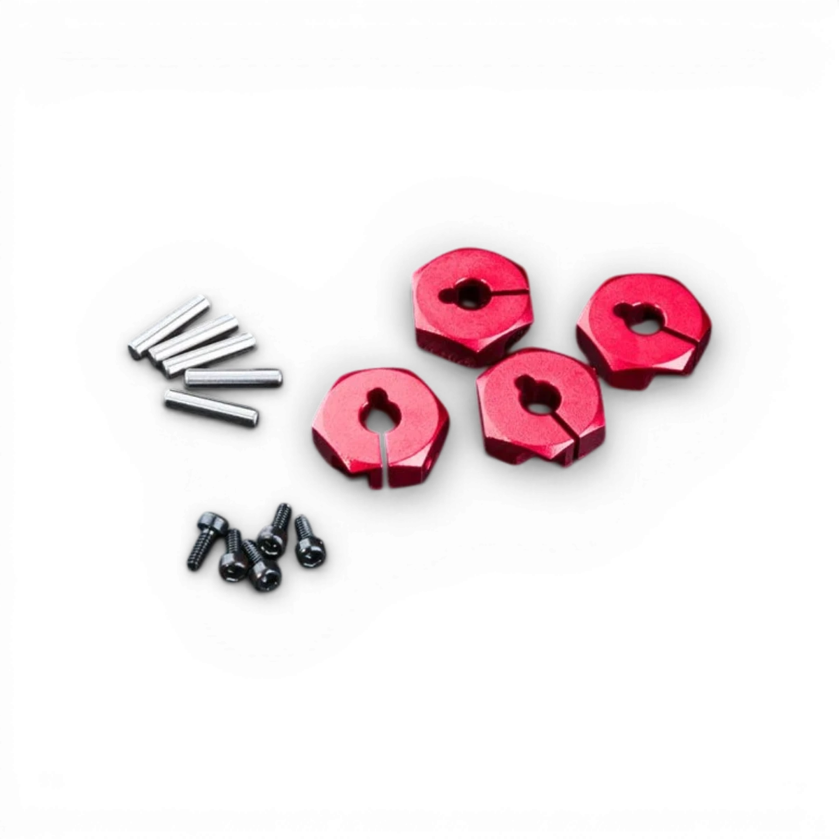 Hexagones en aluminium rouge 4mm de Max Speed Technology, pièces détachées pour modélisme ou drone, visibles en image.