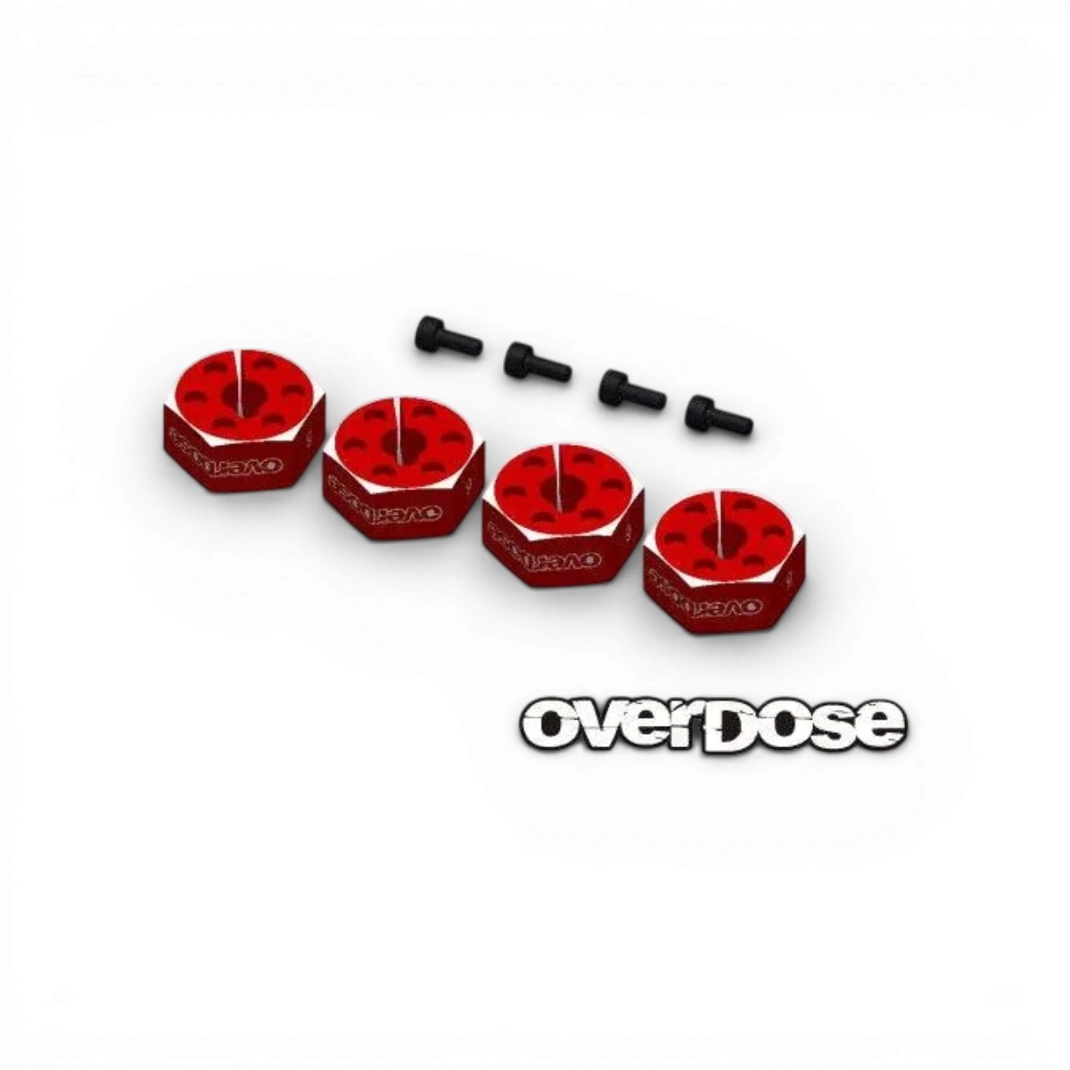 Quatre hexagones en aluminium de 6 mm de la marque Overdose, pièces détachées pour modélisme ou customisation.