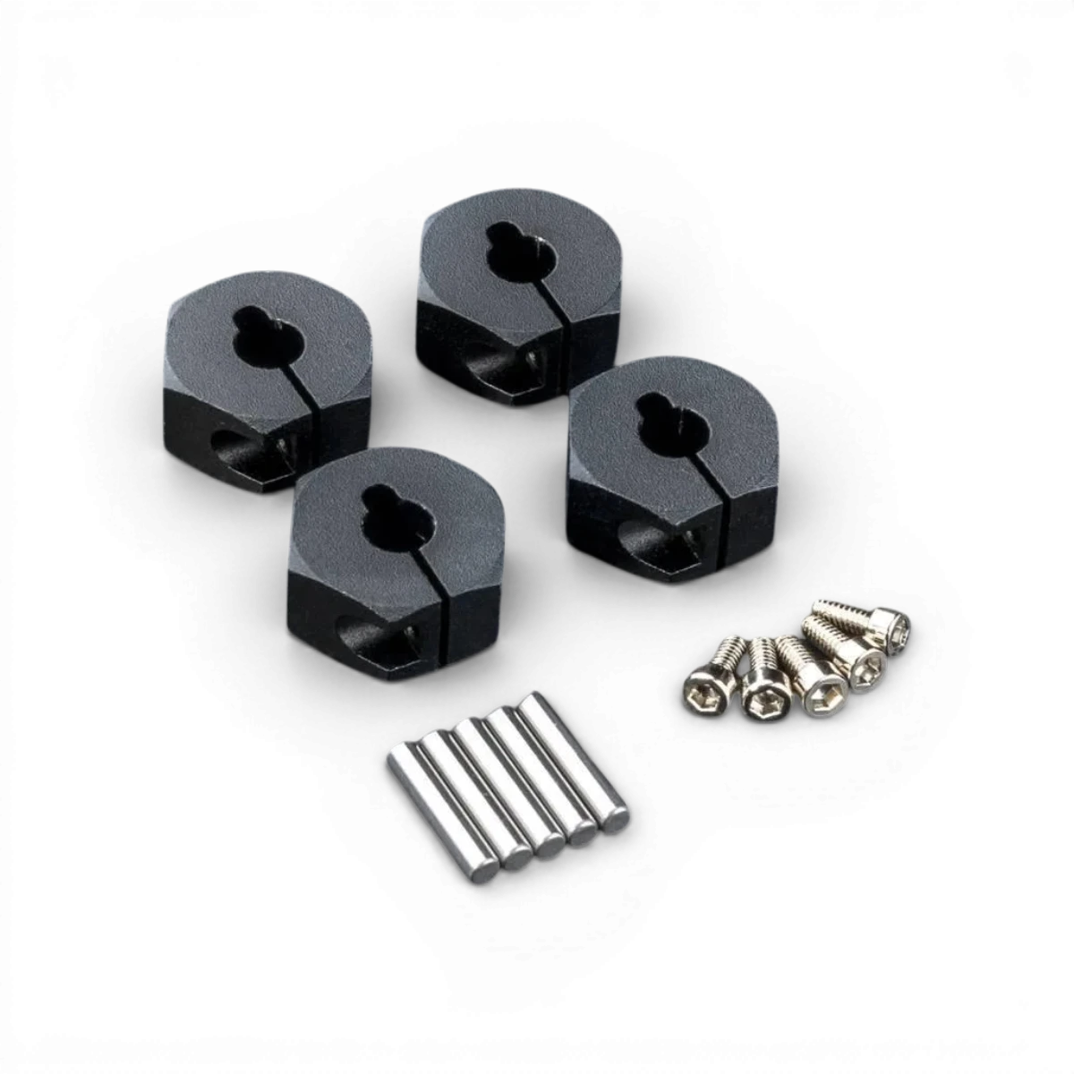 Hexagones en aluminium noirs de 6mm, pièces détachées pour modèles, par Max Speed Technology, visibles en gros plan.