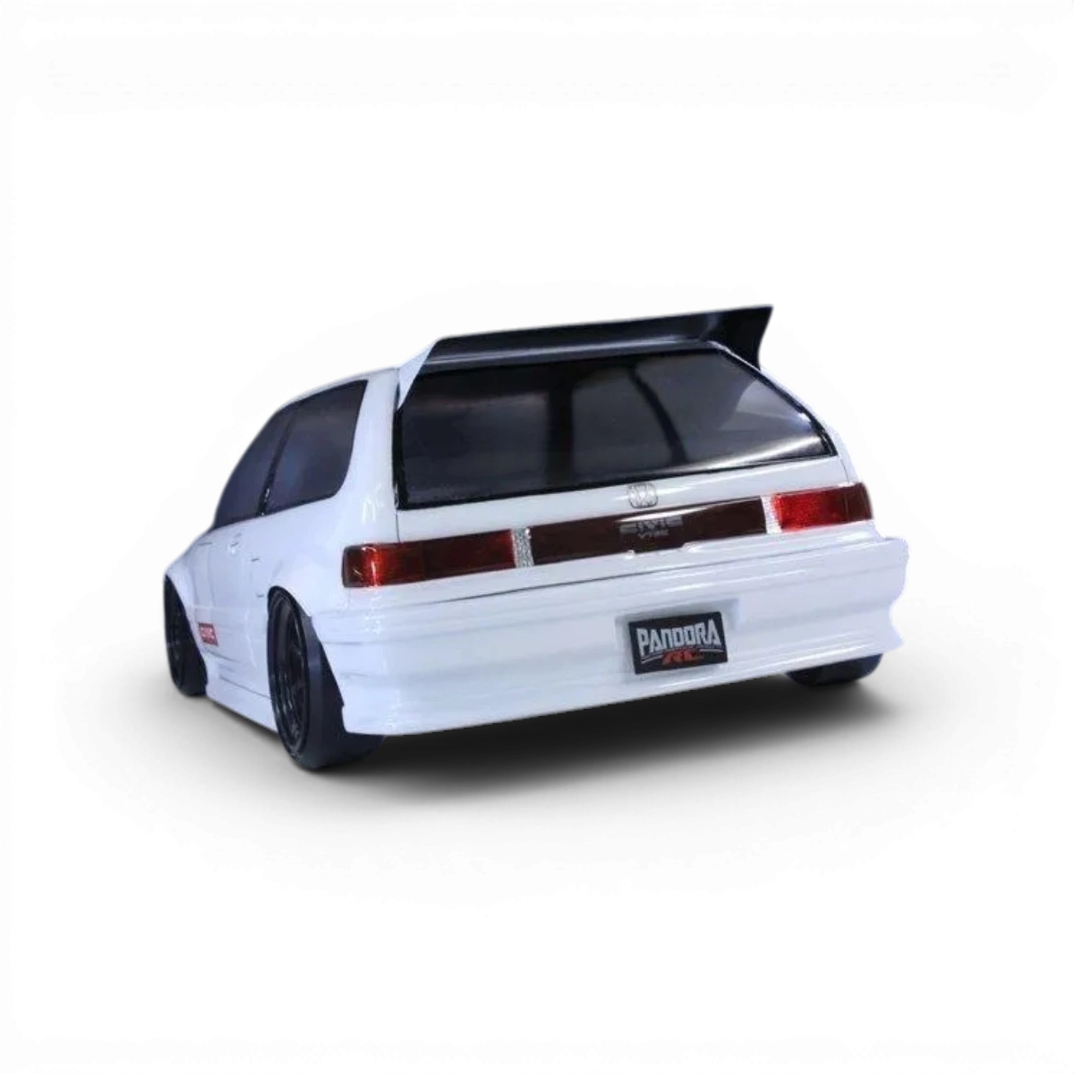 Carrosserie Honda Civic EF9 Pandora RC, peinture blanche, détails précis, vue de face sur le modèle réduit.