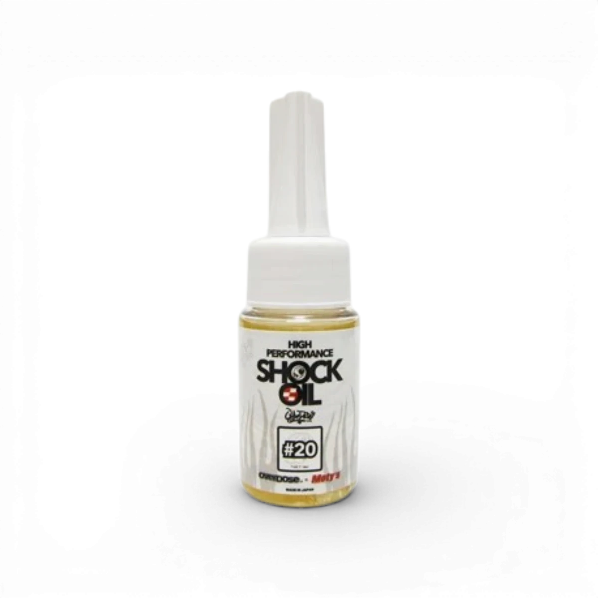 Huile d’amortisseur Overdose x Moty’s #20 pour voiture RC Drift, 30ml, pièce détachée pour performance et contrôle.