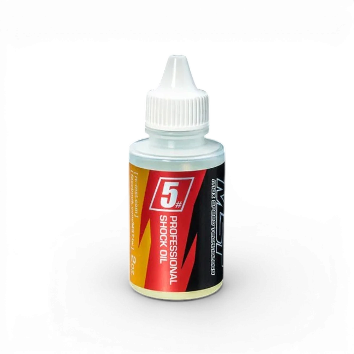 Huile minérale 5 de Max Speed Technology, accessoire pour moteur, bouteille transparente avec étiquette verte et bouchon noir.