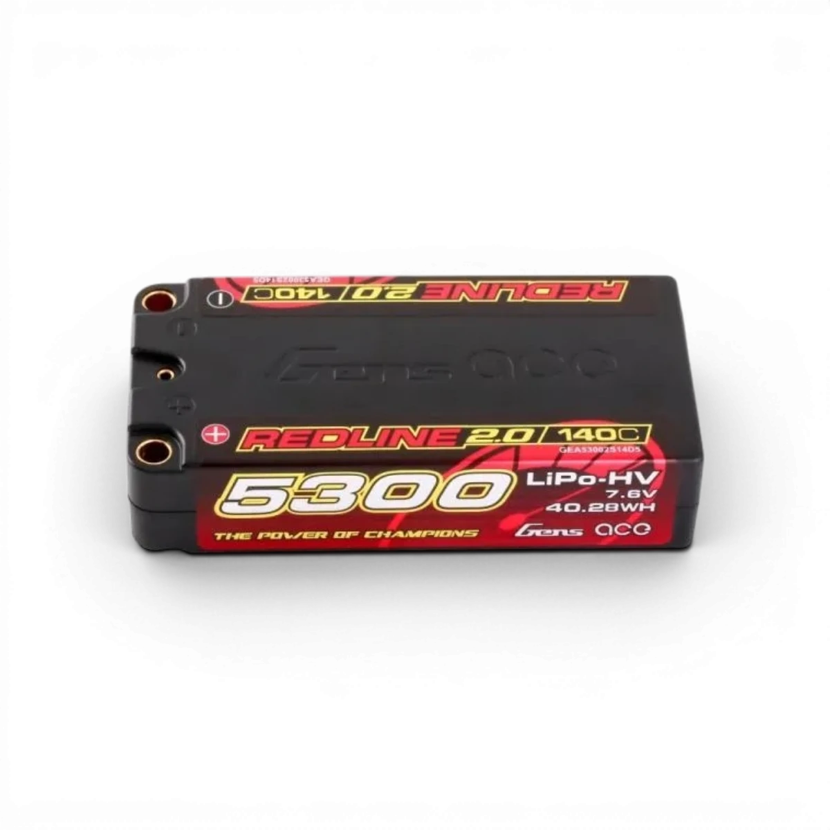 Batterie LiPo Gens Ace Redline 2.0 Shorty 2S HV 7,6V 140C 5300mAh pour électronique, vue de face.