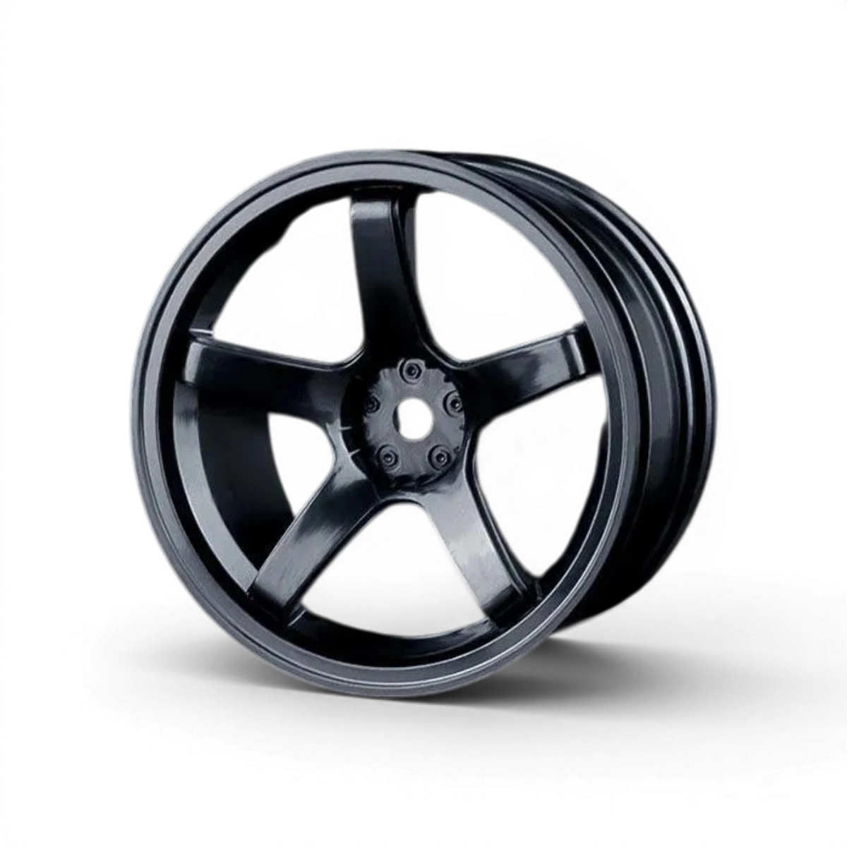 Jantes noires à 5 rayons pour roues, marque Max Speed Technology, avec détails visibles des rayons et finition noire brillante.