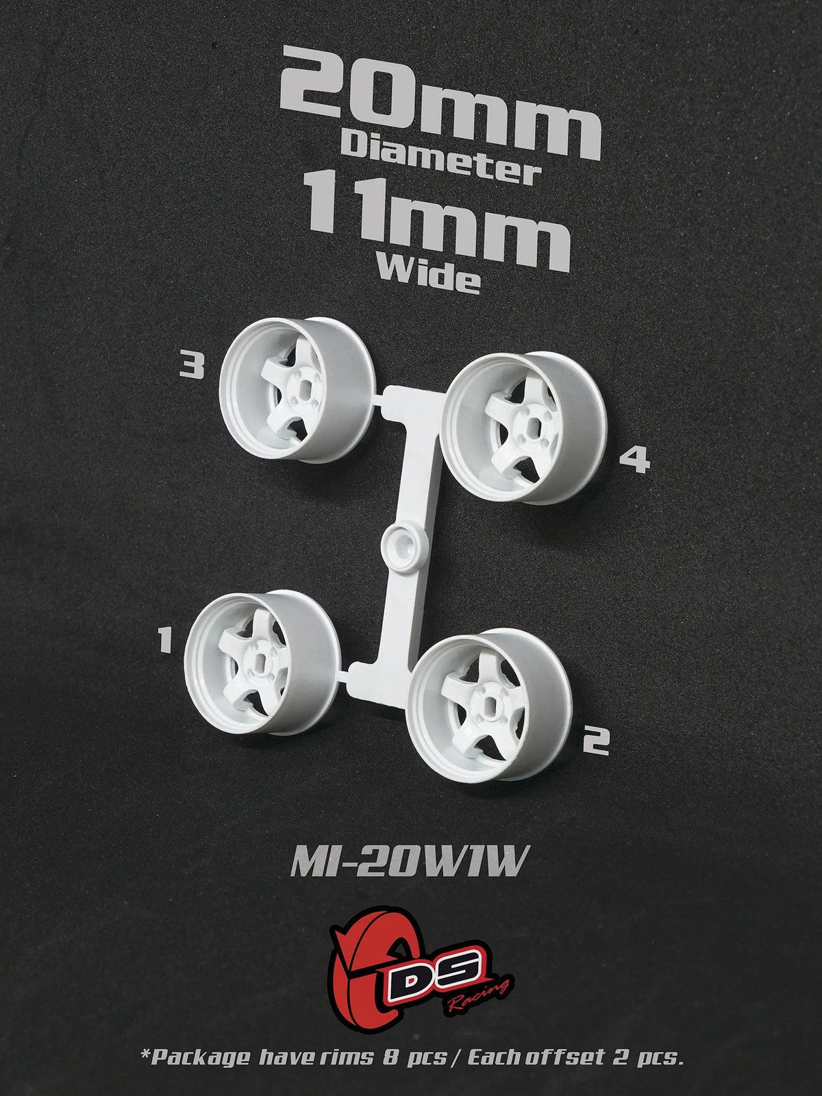 Jantes blanches Mini Z W de 20mm et 11mm de DS Racing, vue de face avec détails de la finition en aluminium.