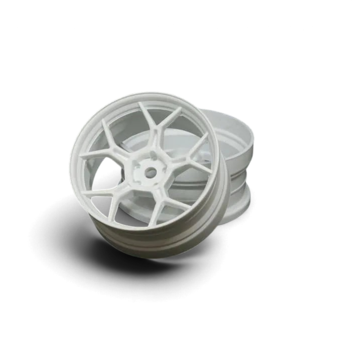 Deux jantes drift Feathery DS Racing blanc mat pour voiture RC, 2 pièces avec décalage de +6 mm, design léger et sportif.