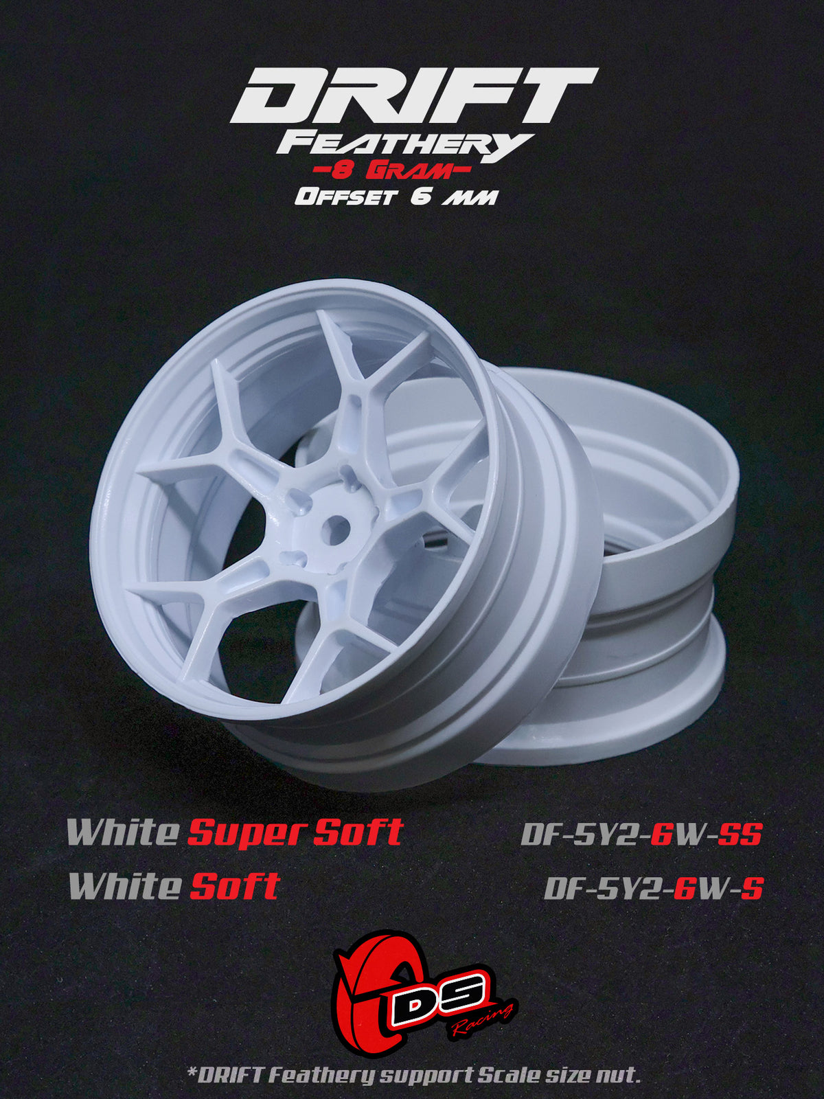Jantes drift Feathery DS Racing blanches, 2 pièces, super soft, avec +6mm pour voitures RC, design léger et aéré.