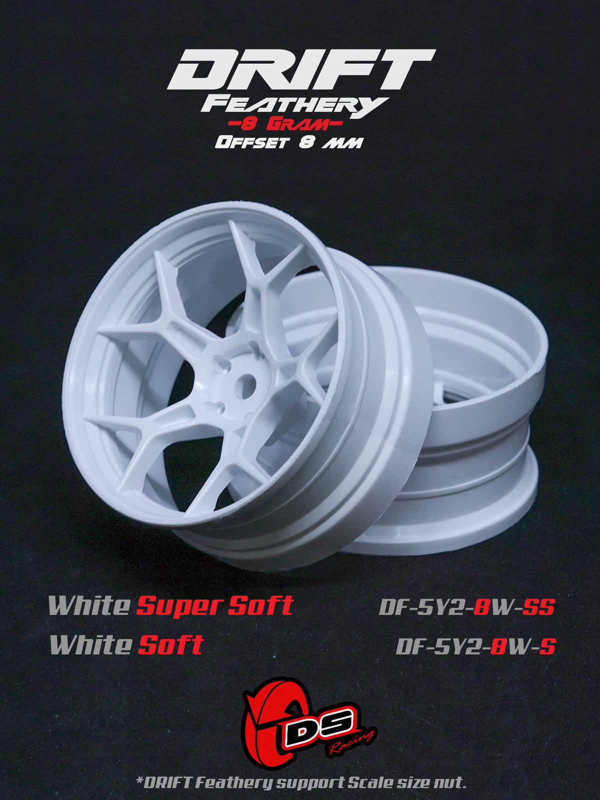 Jantes drift Feathery DS Racing blanches, 2 pièces, super soft, +8mm, pour voitures RC, visibles avec détails de la surface.