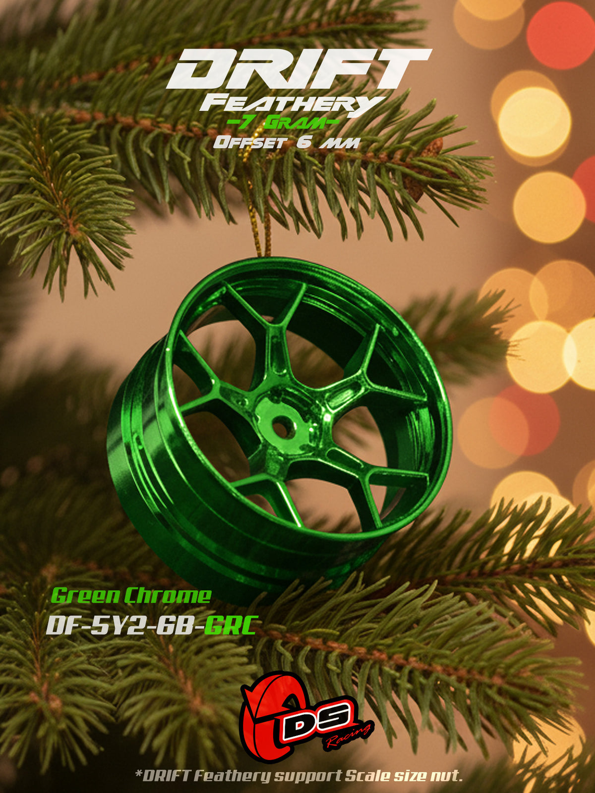Jantes drift Feathery DS Racing, chrome vert, 2 pièces, avec décalage de +6mm, roues pour voiture RC.
