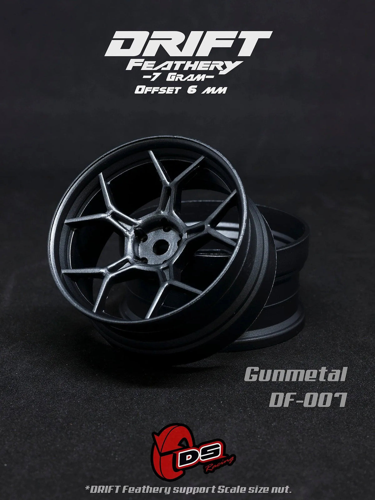 Deux jantes drift Feathery DS Racing en métal gunmetal, 6 mm, pour voitures RC, avec détails visibles en finition métallique.